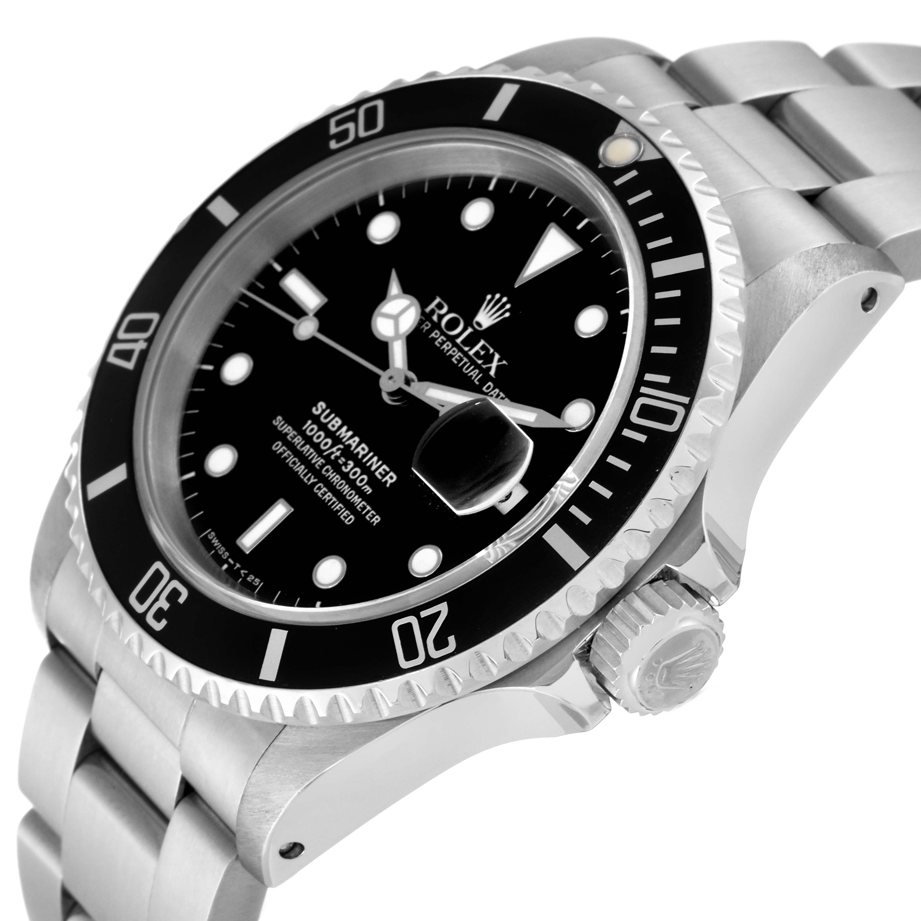This image shows a close-up, angled view of a Rolex Submariner 16610 Men
s Stainless Steel Black Dial 16610 Men
s Stainless Steel Black Dial watch, highlighting its dial, bezel, bracelet, and crown.