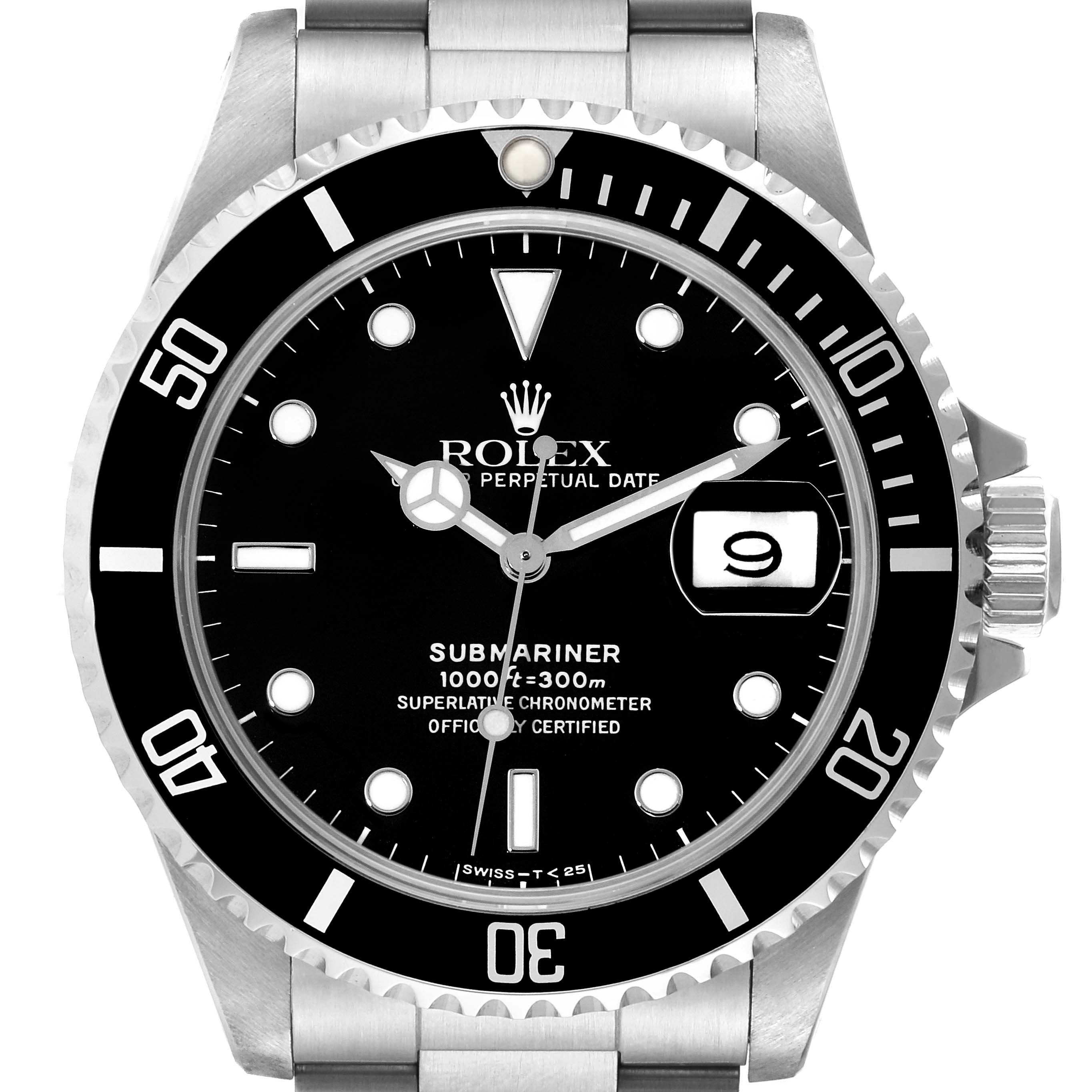 The image shows a front view of the Rolex Submariner 16610 Men
s Stainless Steel Black Dial 16610 Men
s Stainless Steel Black Dial watch displaying its black dial, bezel, date window, and stainless steel bracelet.