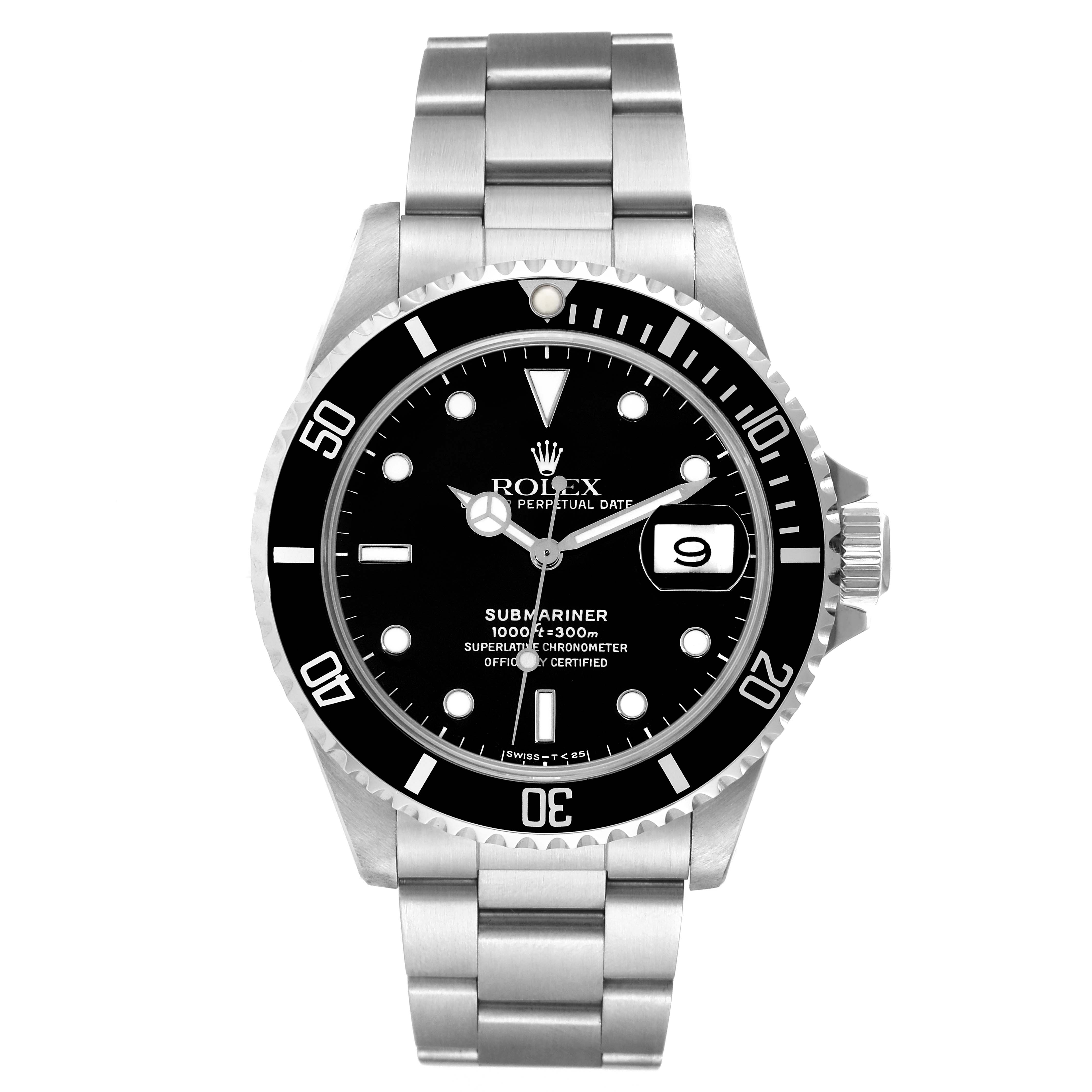 The image shows a front view of a Rolex Submariner 16610 Men
s Stainless Steel Black Dial 16610 Men
s Stainless Steel Black Dial watch, highlighting the dial, bezel, bracelet, and date window.