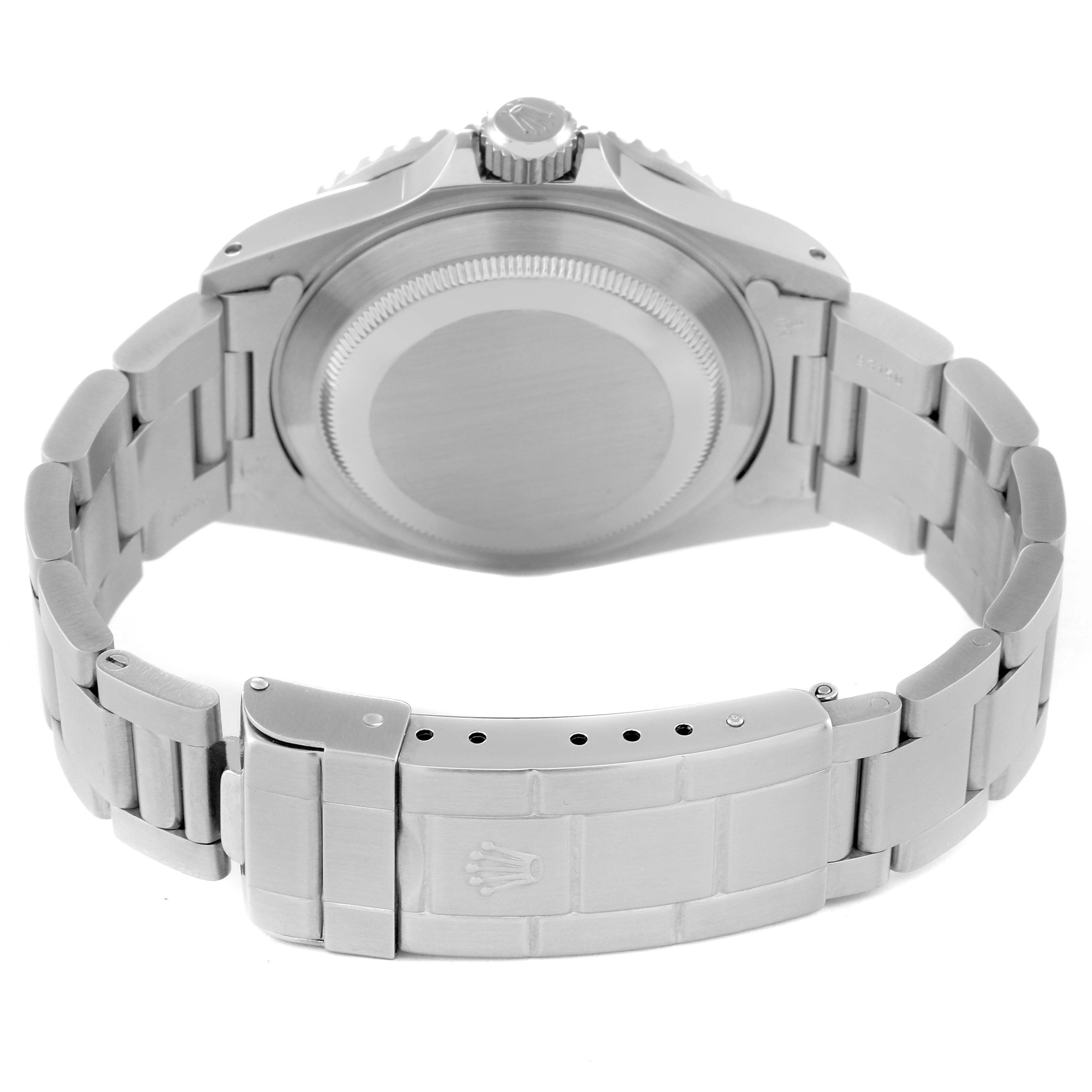 The image shows the back side of a Rolex Submariner 16610 Men
s Stainless Steel Black Dial 16610 Men
s Stainless Steel Black Dial watch, highlighting the bracelet, clasp, case back, and crown.