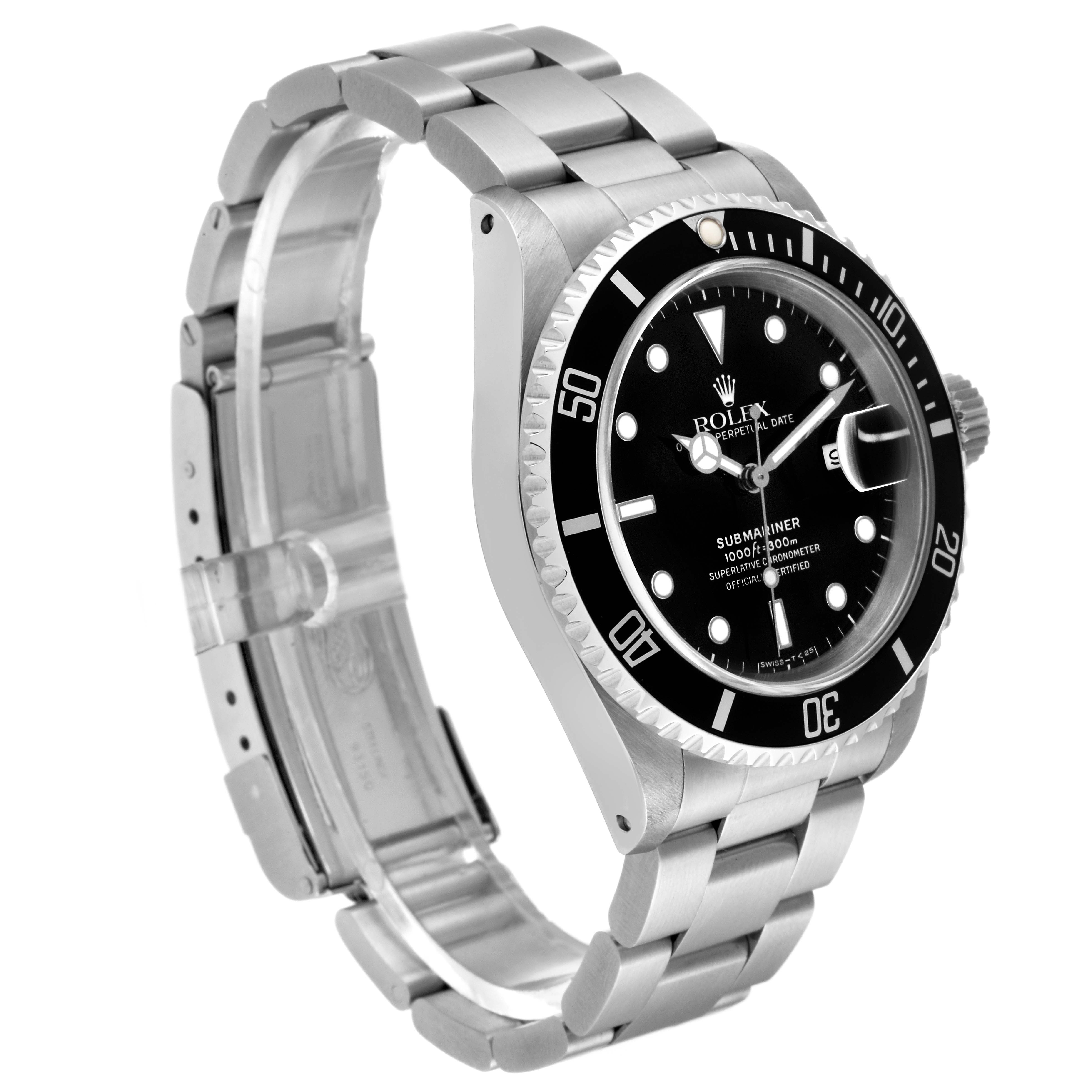 This Rolex Submariner 16610 Men
s Stainless Steel Black Dial 16610 Men
s Stainless Steel Black Dial watch is shown at an angled side view, displaying its dial, bezel, case, and bracelet.