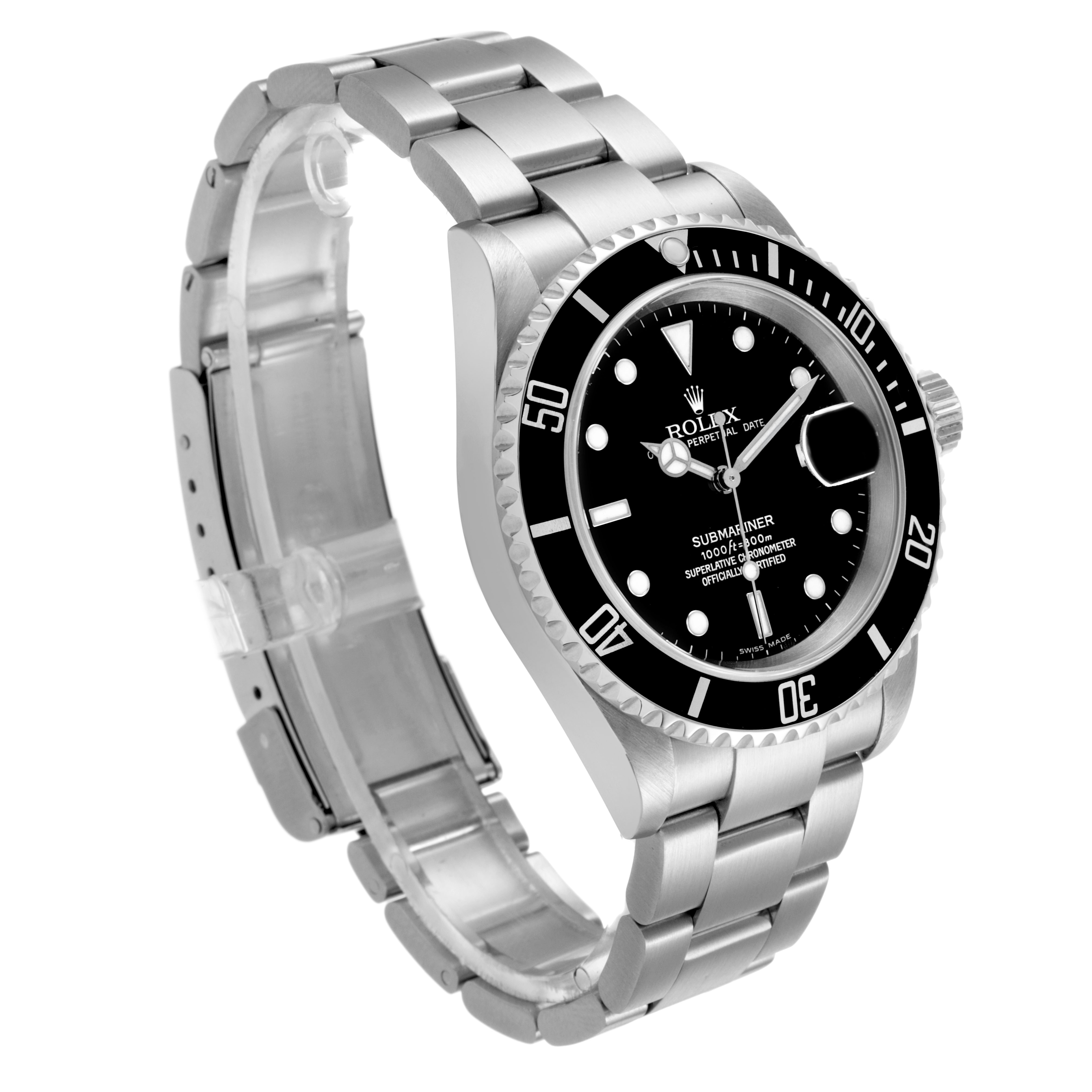 The Rolex Submariner 16610 Men's Stainless Steel Black Dial watch is shown at a three-quarter angle, highlighting the dial, bezel, bracelet, and crown.