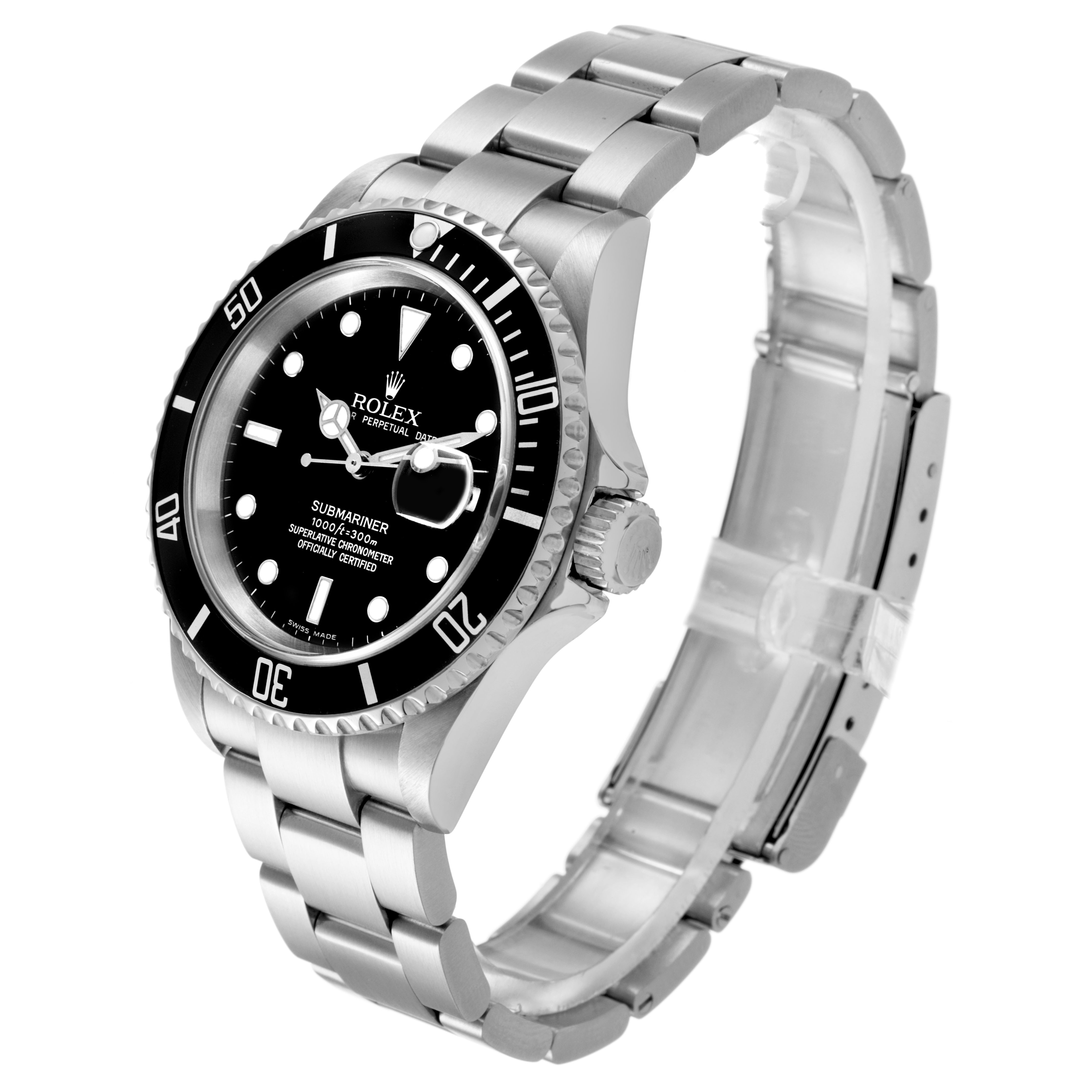 The Rolex Submariner 16610 Men's Stainless Steel Black Dial watch is shown at a three-quarter angle, displaying the dial, bezel, bracelet, and crown.