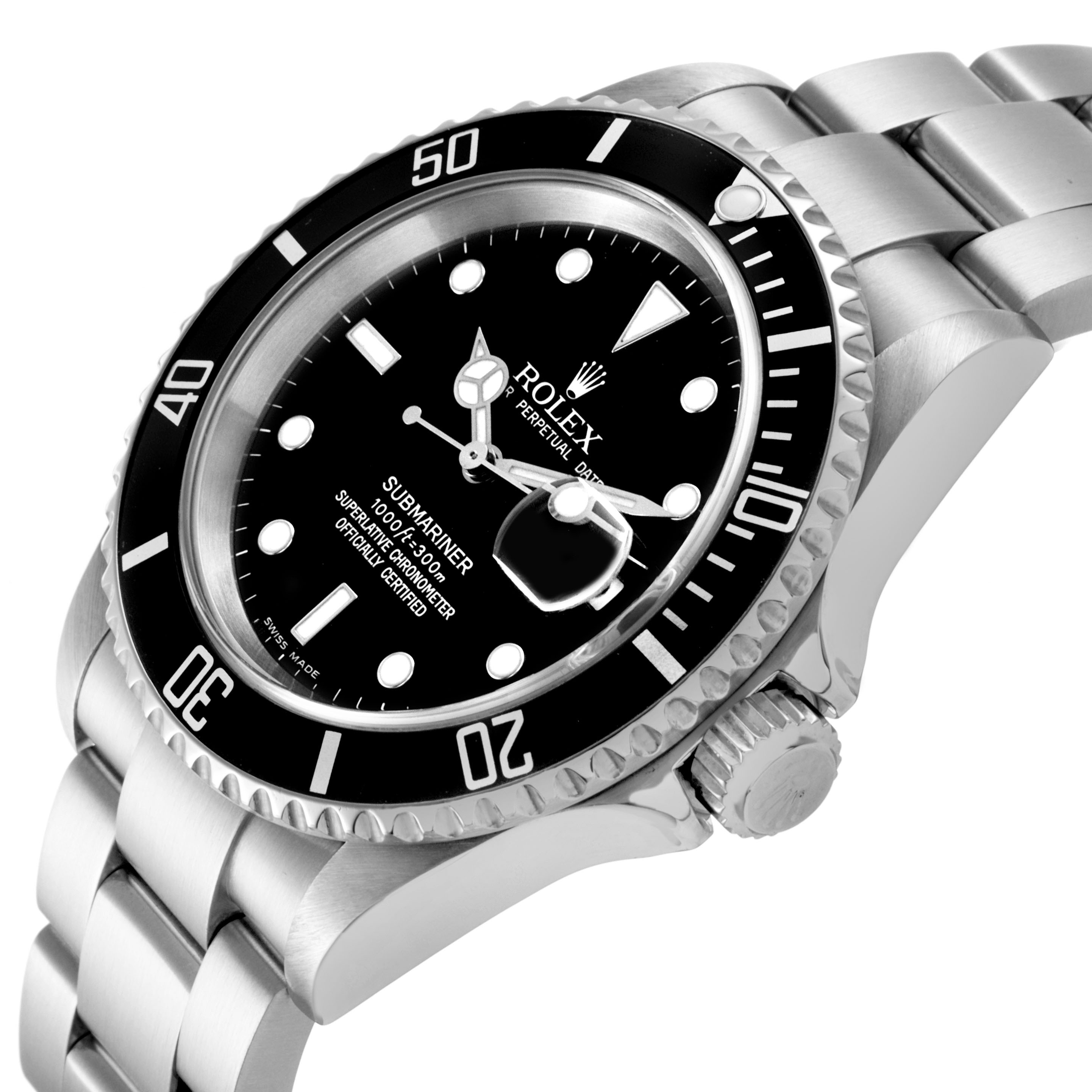 The Rolex Submariner 16610 Men's Stainless Steel Black Dial is shown at an angle highlighting the black dial, bezel, and the stainless steel bracelet.