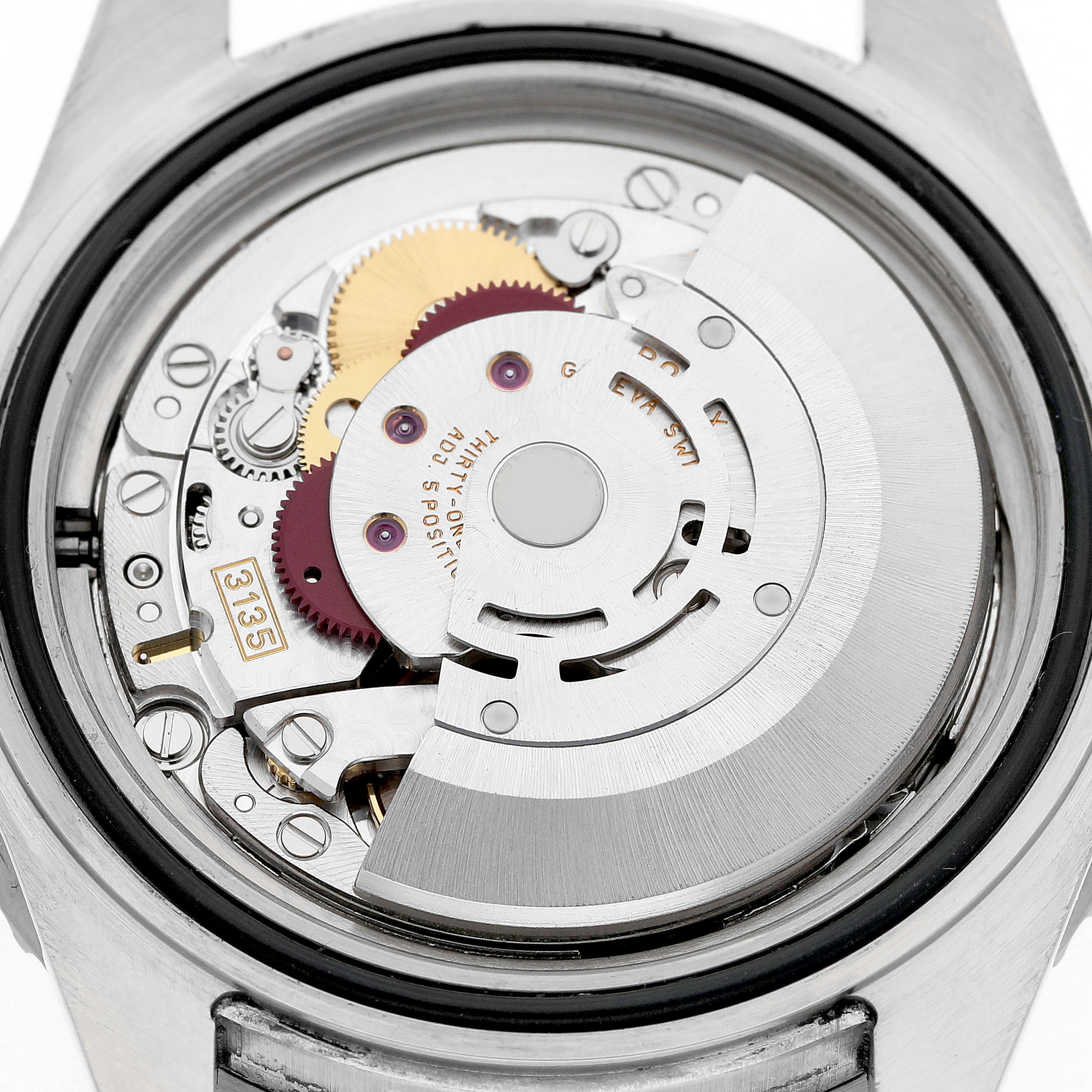 The image shows the movement and internal mechanism of a Rolex Submariner 16610 Men's Stainless Steel Black Dial from a back view without the case back.