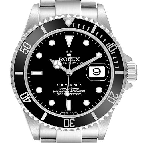 The Rolex Submariner 16610 Men's Stainless Steel Black Dial watch is shown from a top-down angle, highlighting the dial, bezel, and part of the bracelet.