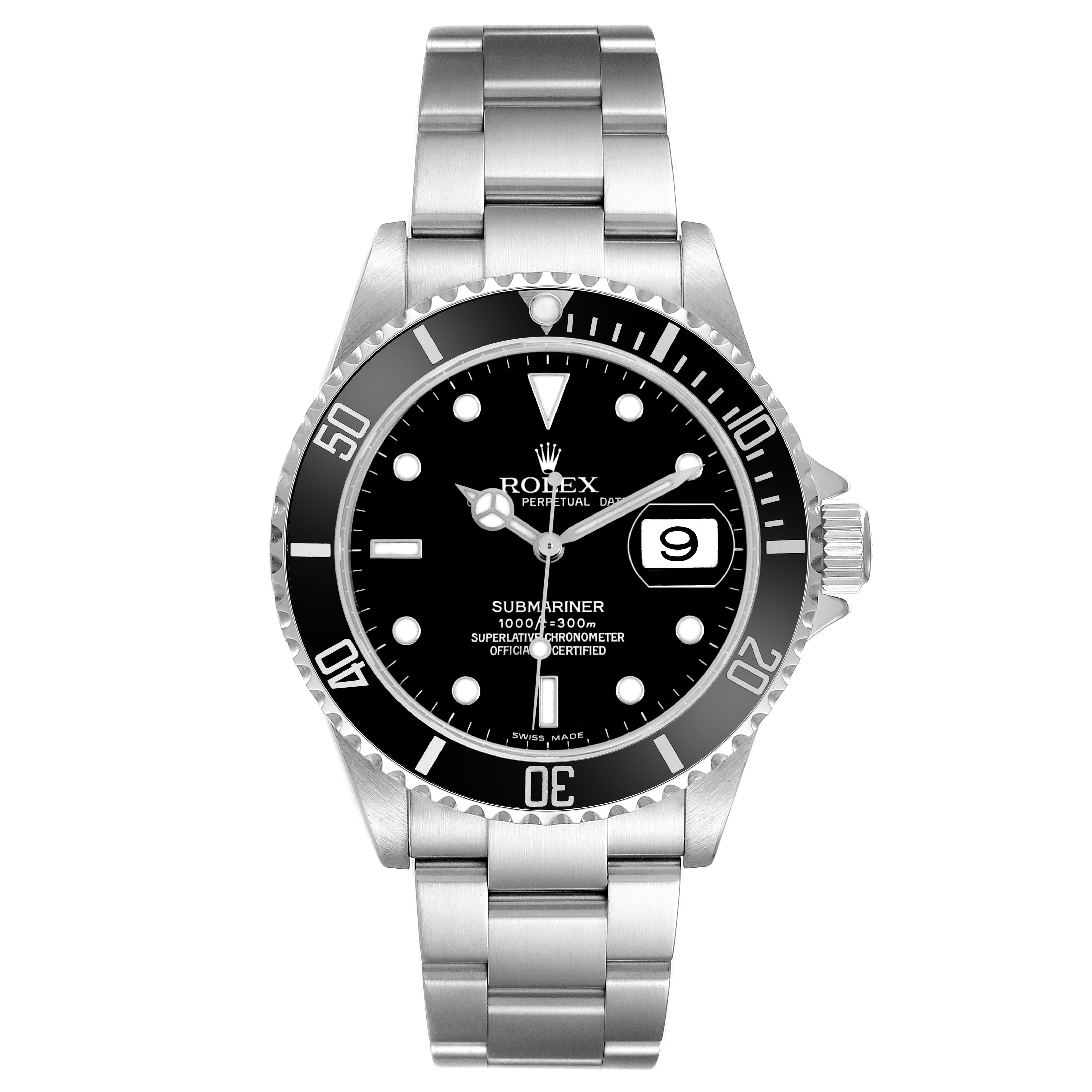 The image shows a front view of the Rolex Submariner 16610 Men's Stainless Steel Black Dial, highlighting the dial, bezel, bracelet, and crown.