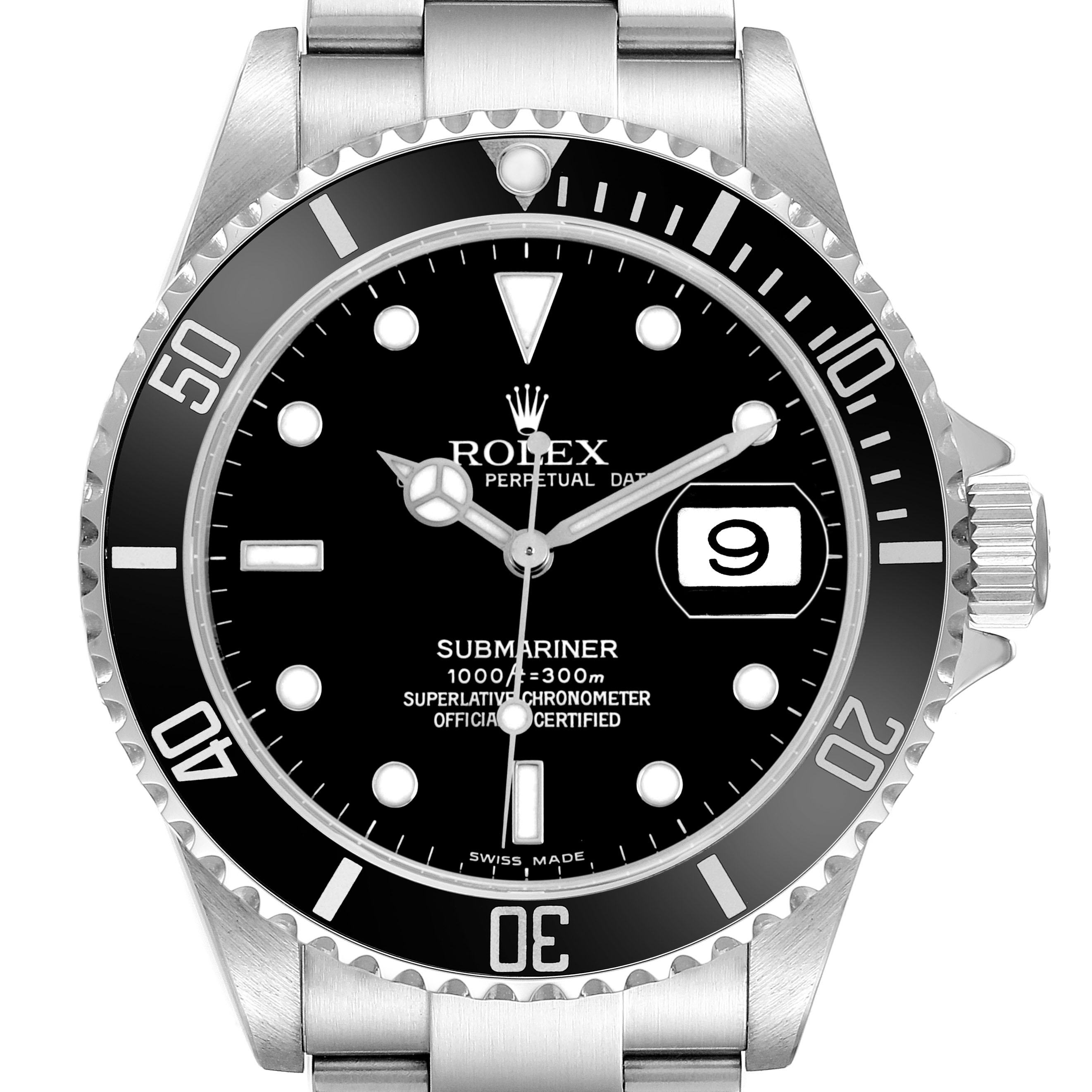 The Rolex Submariner 16610 Men's Stainless Steel Black Dial watch is shown from a front view, displaying the bezel, dial, hands, and part of the bracelet.