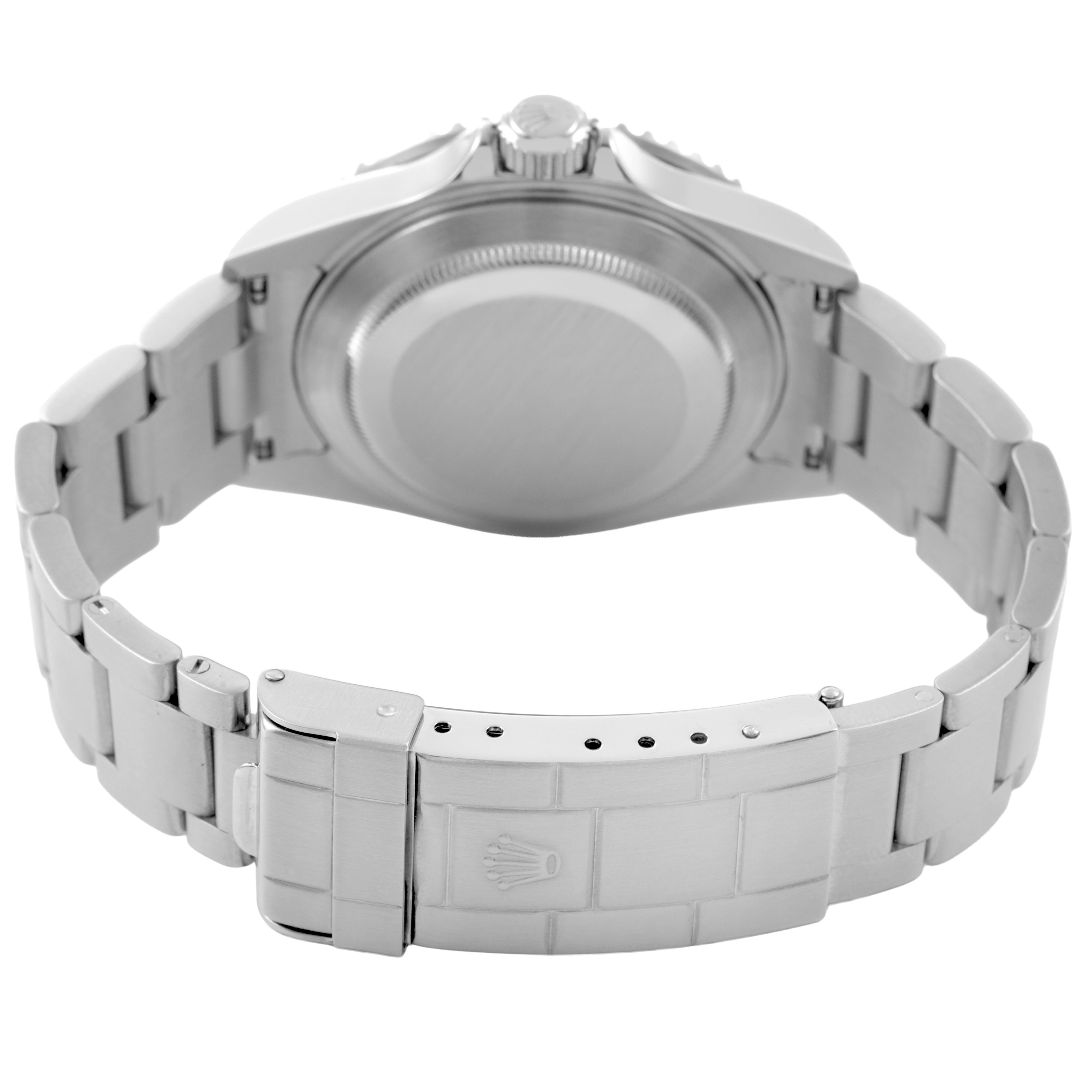 The image shows the back view of a Rolex Submariner 16610 Men's Stainless Steel Black Dial, displaying the case back, crown, and bracelet clasp.