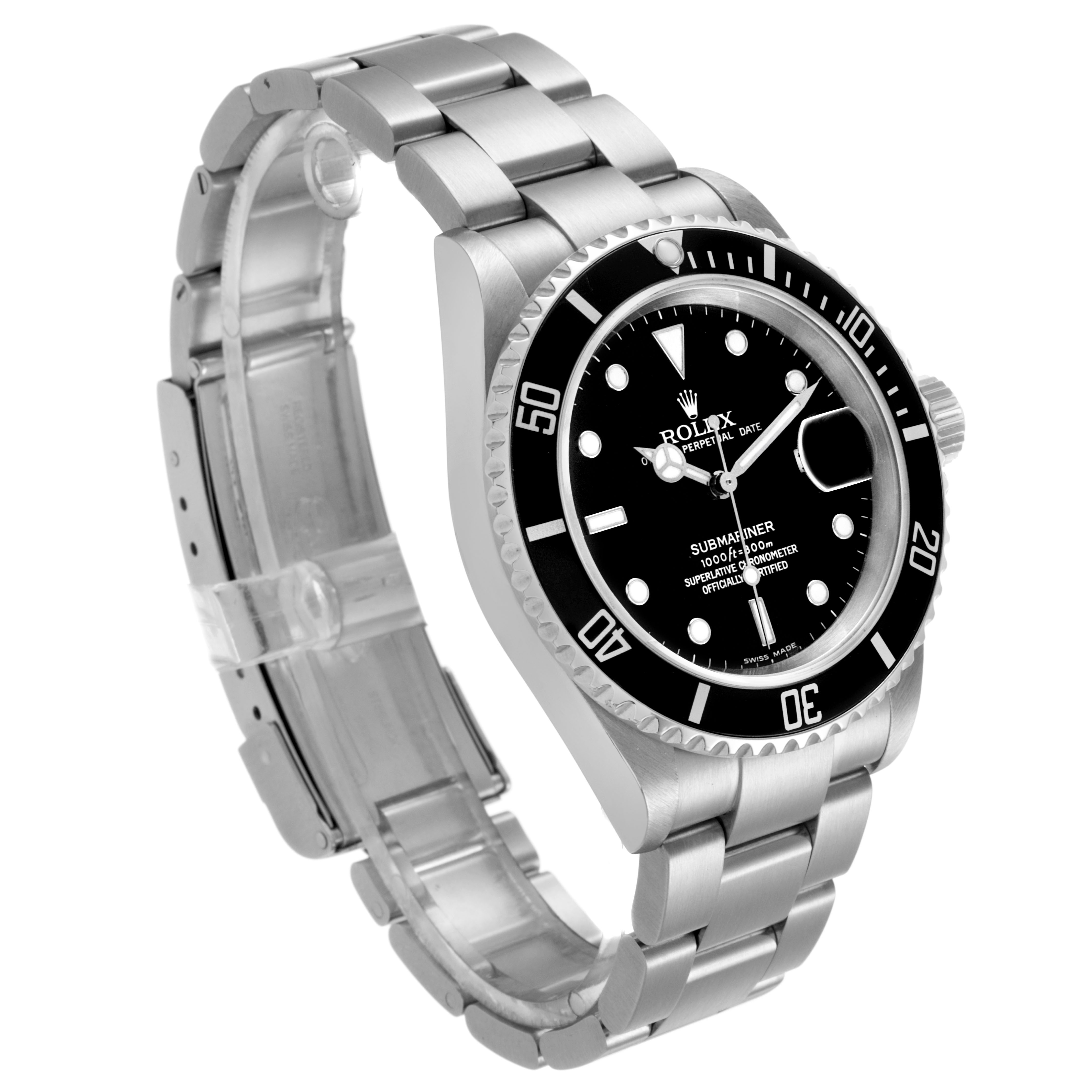 The Rolex Submariner 16610 Men's Stainless Steel Black Dial watch is shown at an angle displaying its face, bezel, crown, and metal bracelet.