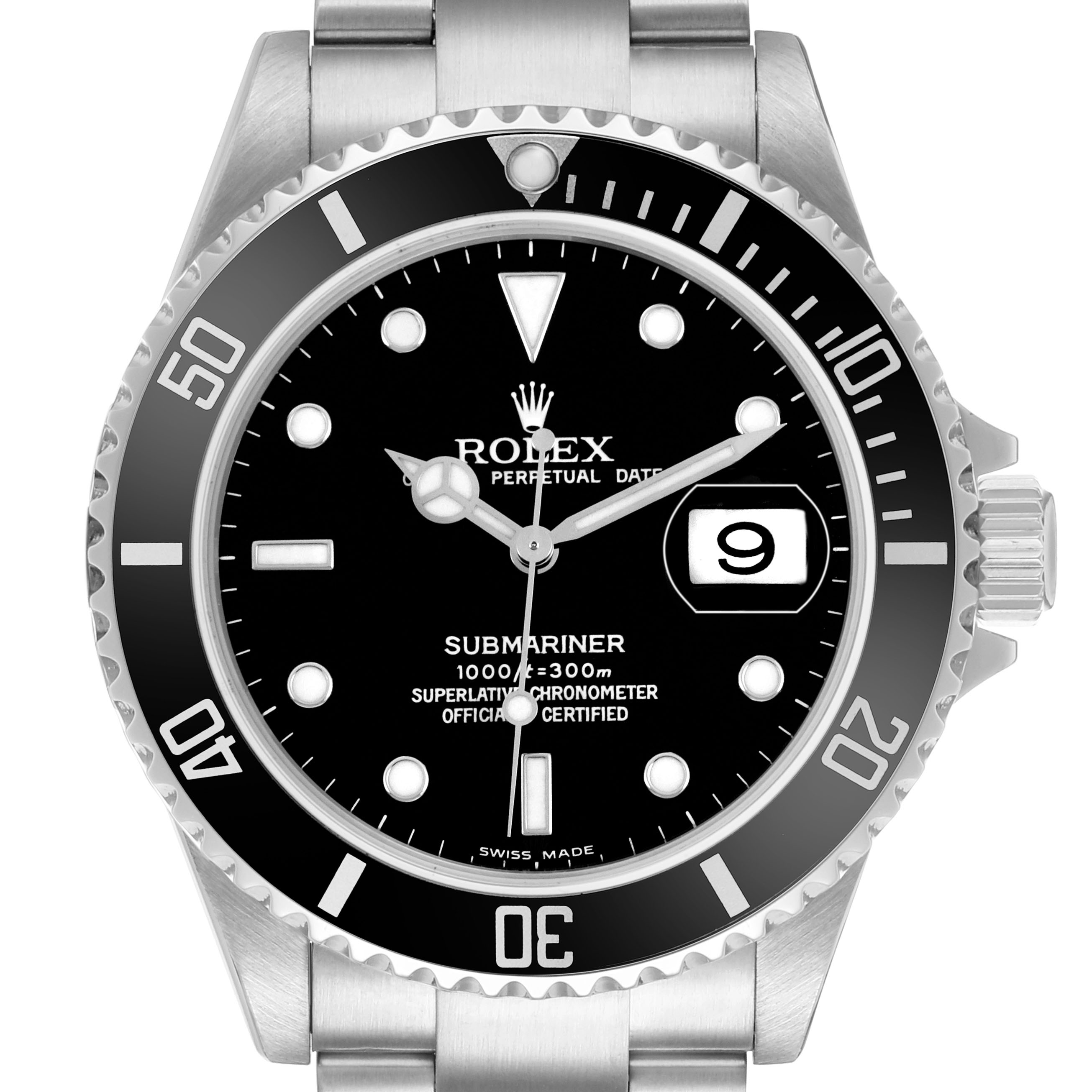 The Rolex Submariner 16610 Men's Stainless Steel Black Dial watch is shown from the front, displaying the bezel, dial, hands, and bracelet.