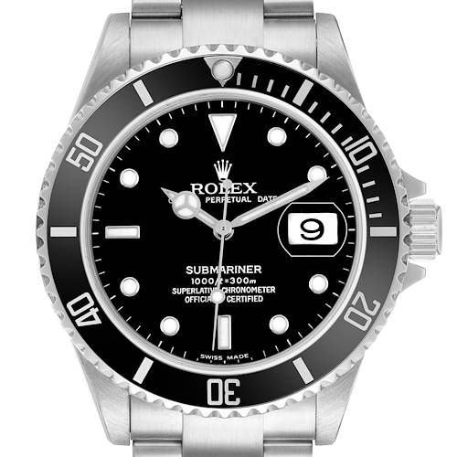 The Rolex Submariner 16610 Men's Stainless Steel Black Dial watch is shown from the front, displaying the dial, bezel, date window, and part of the bracelet.