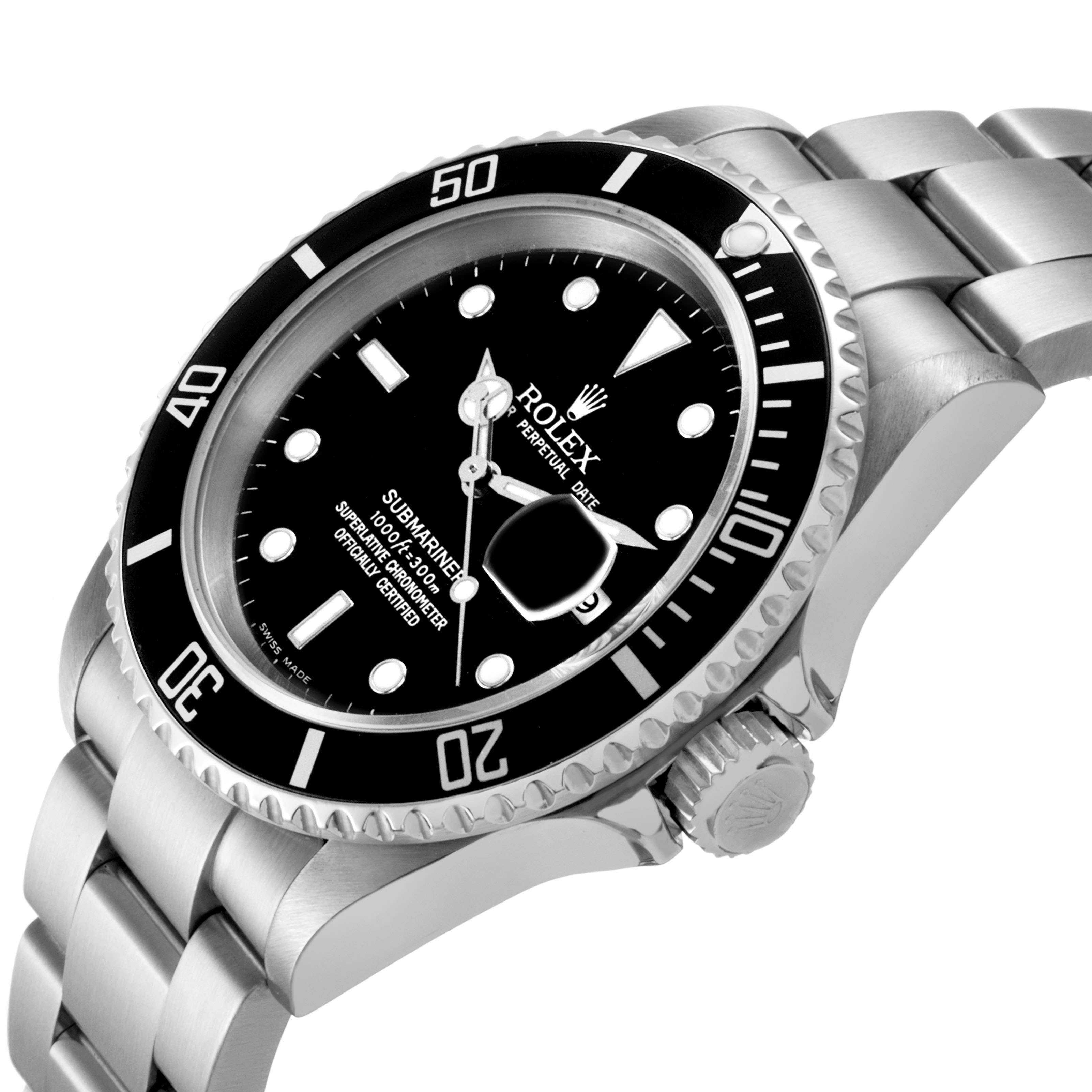 The Rolex Submariner 16610 Men's Stainless Steel Black Dial watch is shown at a three-quarter angle, highlighting the dial, bezel, crown, and part of the bracelet.