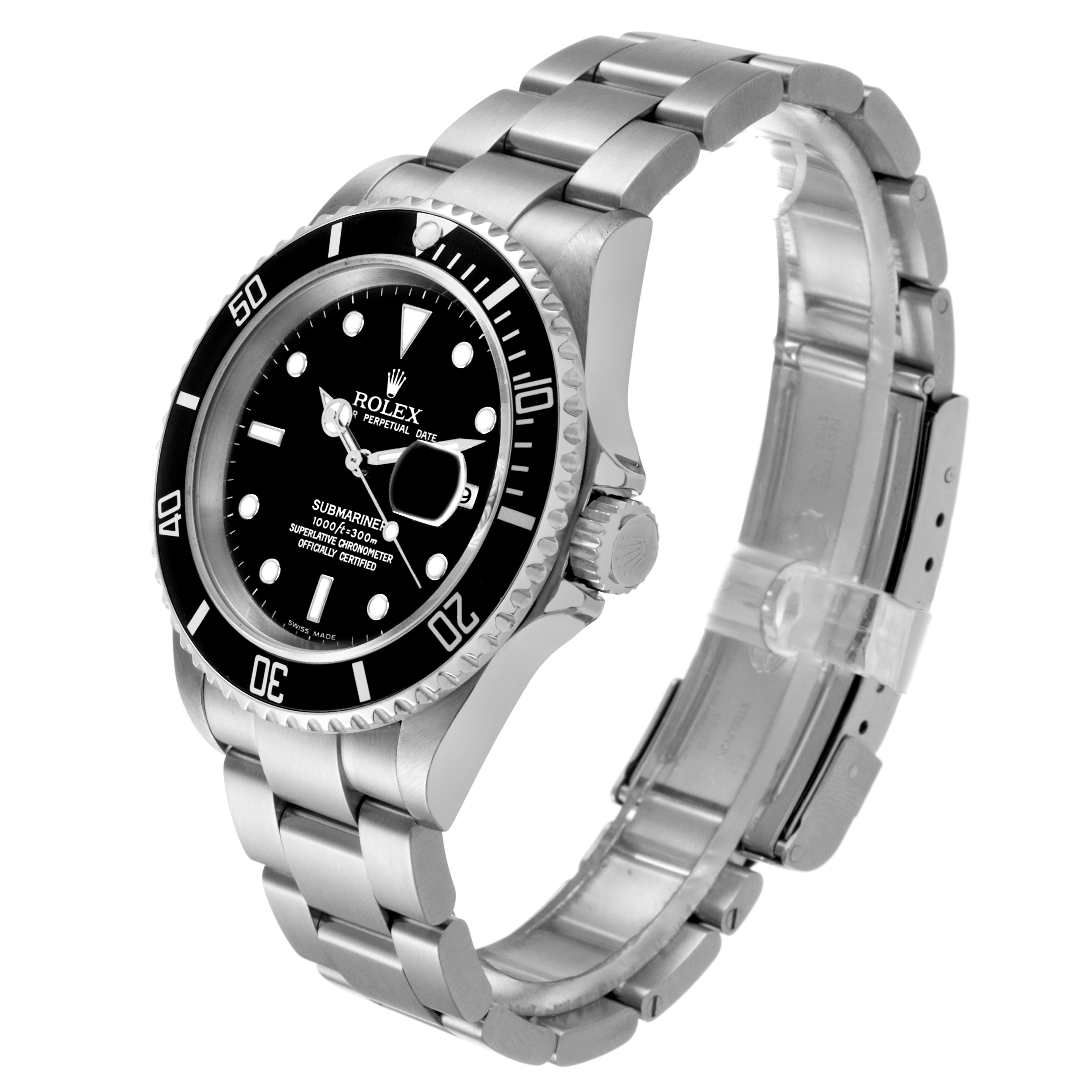 The Rolex Submariner 16610 Men's Stainless Steel Black Dial watch is shown at a three-quarter angle, highlighting the dial, bezel, case, crown, and bracelet.