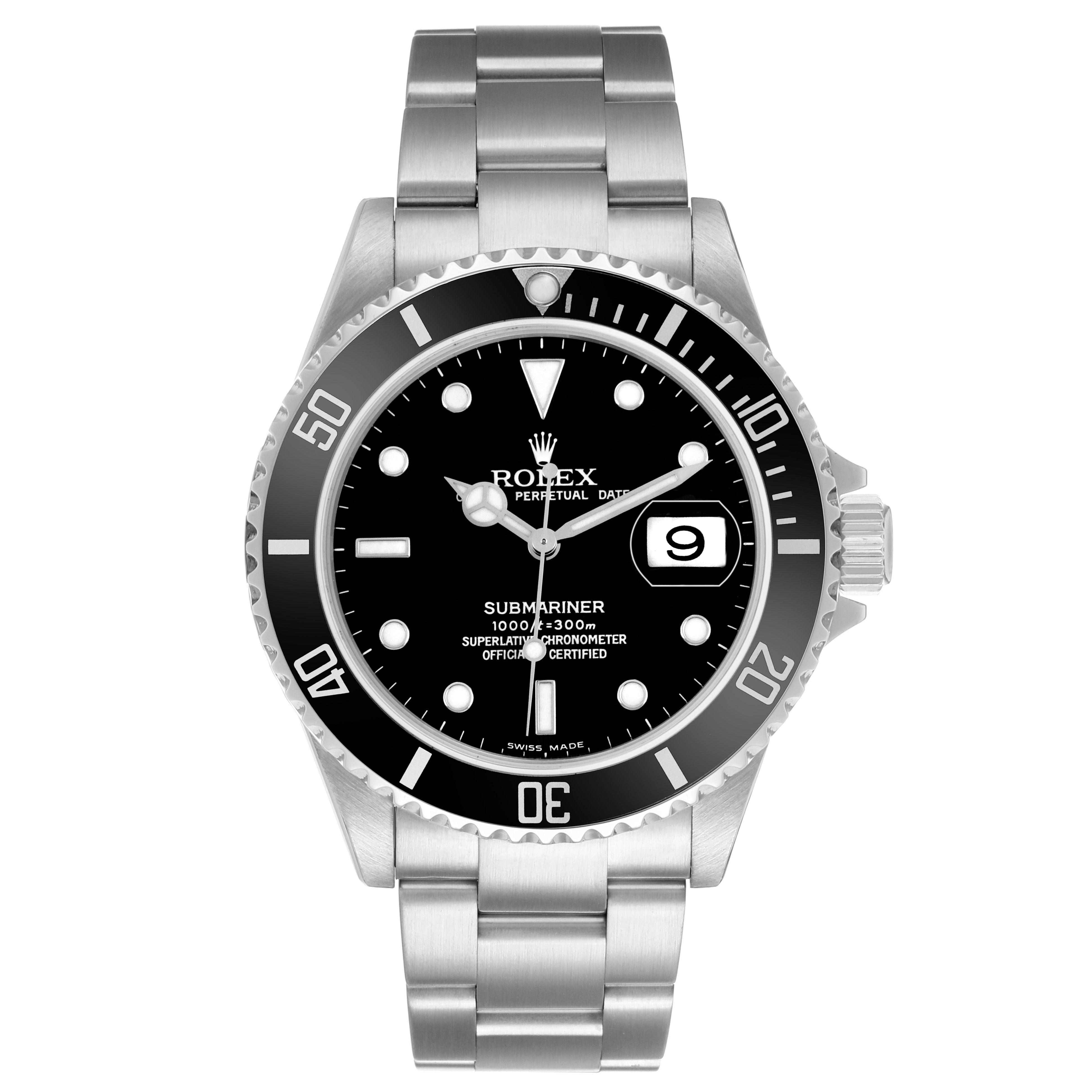 The Rolex Submariner 16610 Men's Stainless Steel Black Dial is shown at a straight-on angle, displaying its dial, bezel, and bracelet.