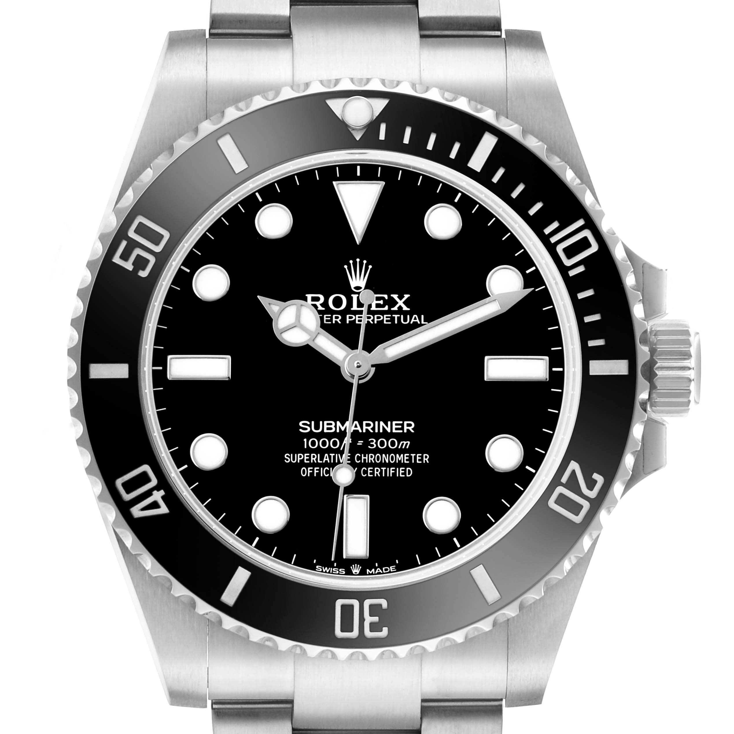 The Rolex Submariner 124060 Men's Stainless Steel Black Dial watch is shown from a frontal angle, displaying the dial, bezel, and part of the bracelet.
