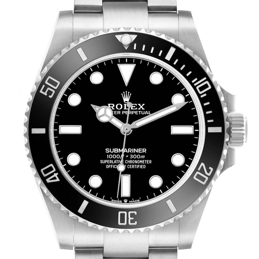 The Rolex Submariner 124060 Men's Stainless Steel Black Dial watch is shown from a frontal angle, displaying the dial, bezel, and part of the bracelet.