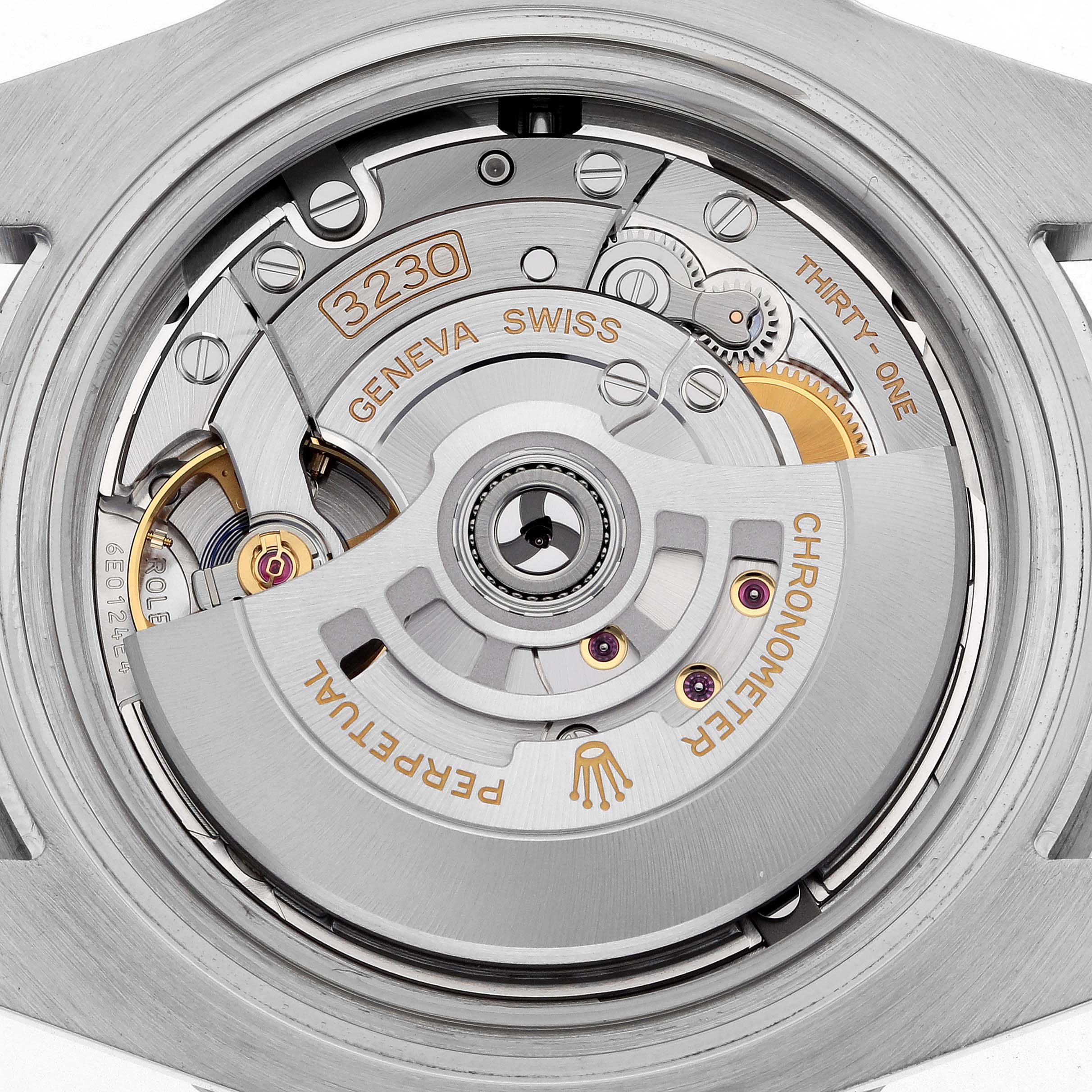 The image shows the movement of a Rolex Submariner 124060 Men's Stainless Steel Black Dial, highlighting its intricate gears and components.