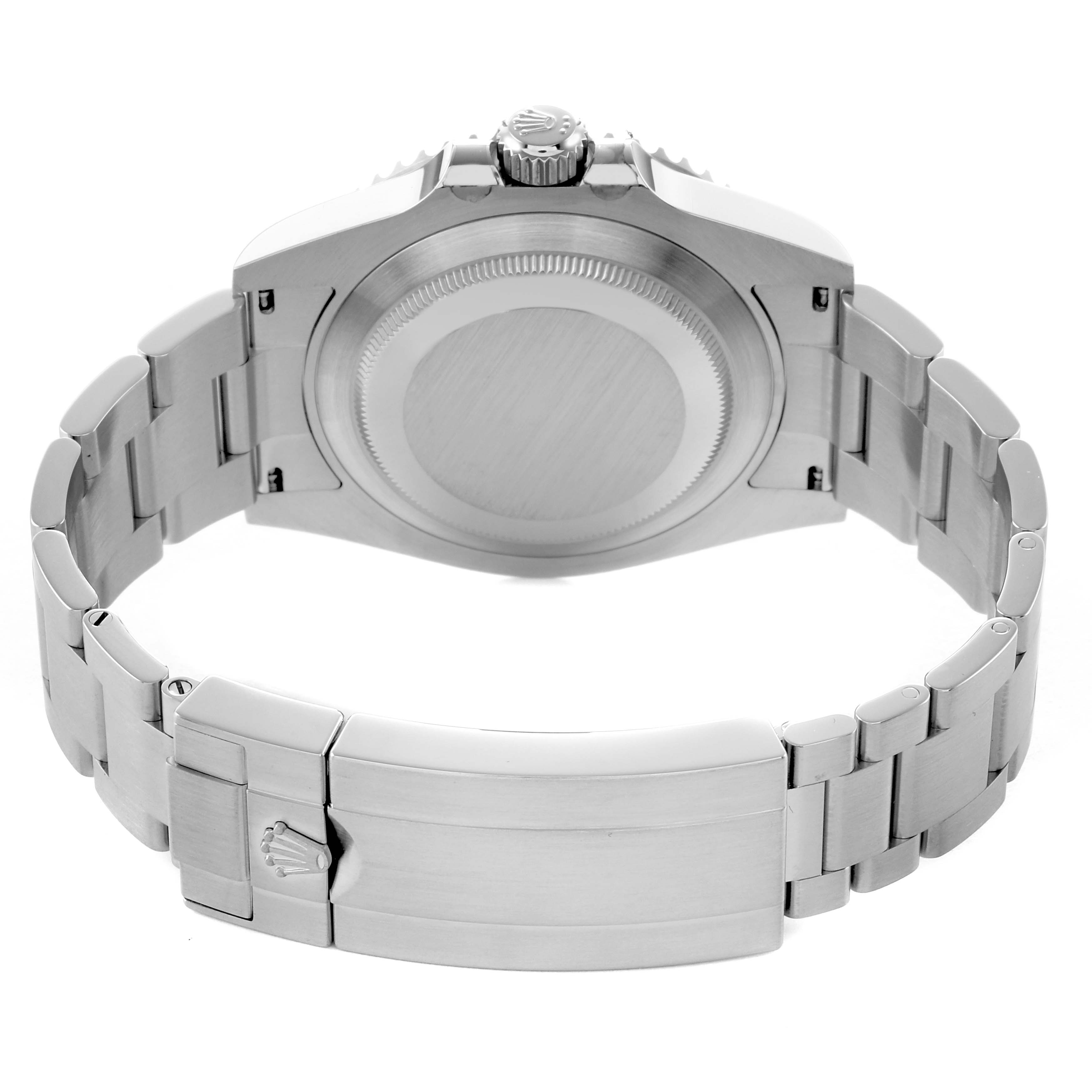 The image shows the back view of a Rolex Submariner 124060 Men's Stainless Steel Black Dial, highlighting the case back, crown, and metal bracelet with clasp.