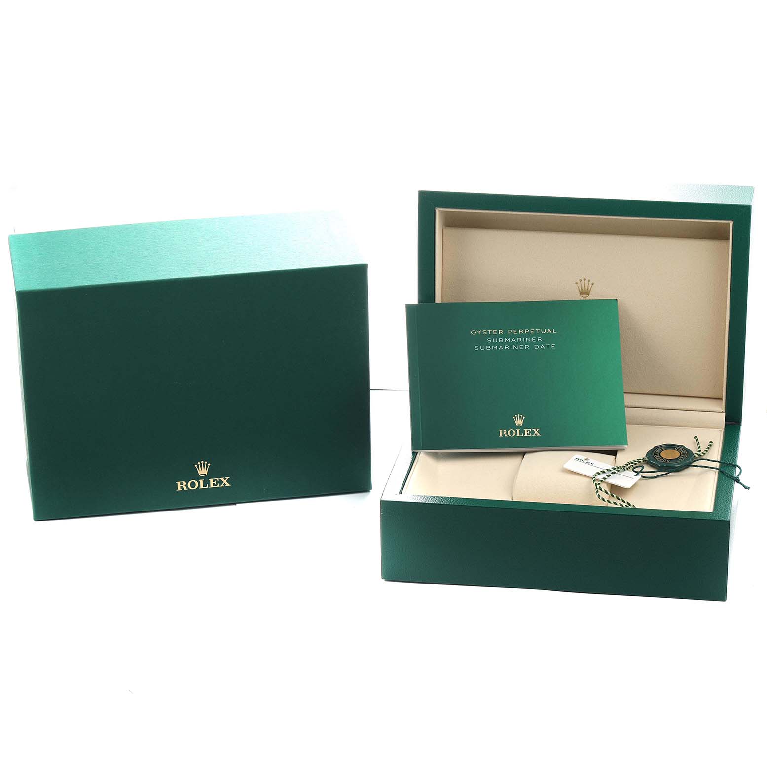 The image displays the packaging and accessories for the Rolex Submariner 124060 Men's Stainless Steel Black Dial, including the box, tag, and manual, viewed from the front.