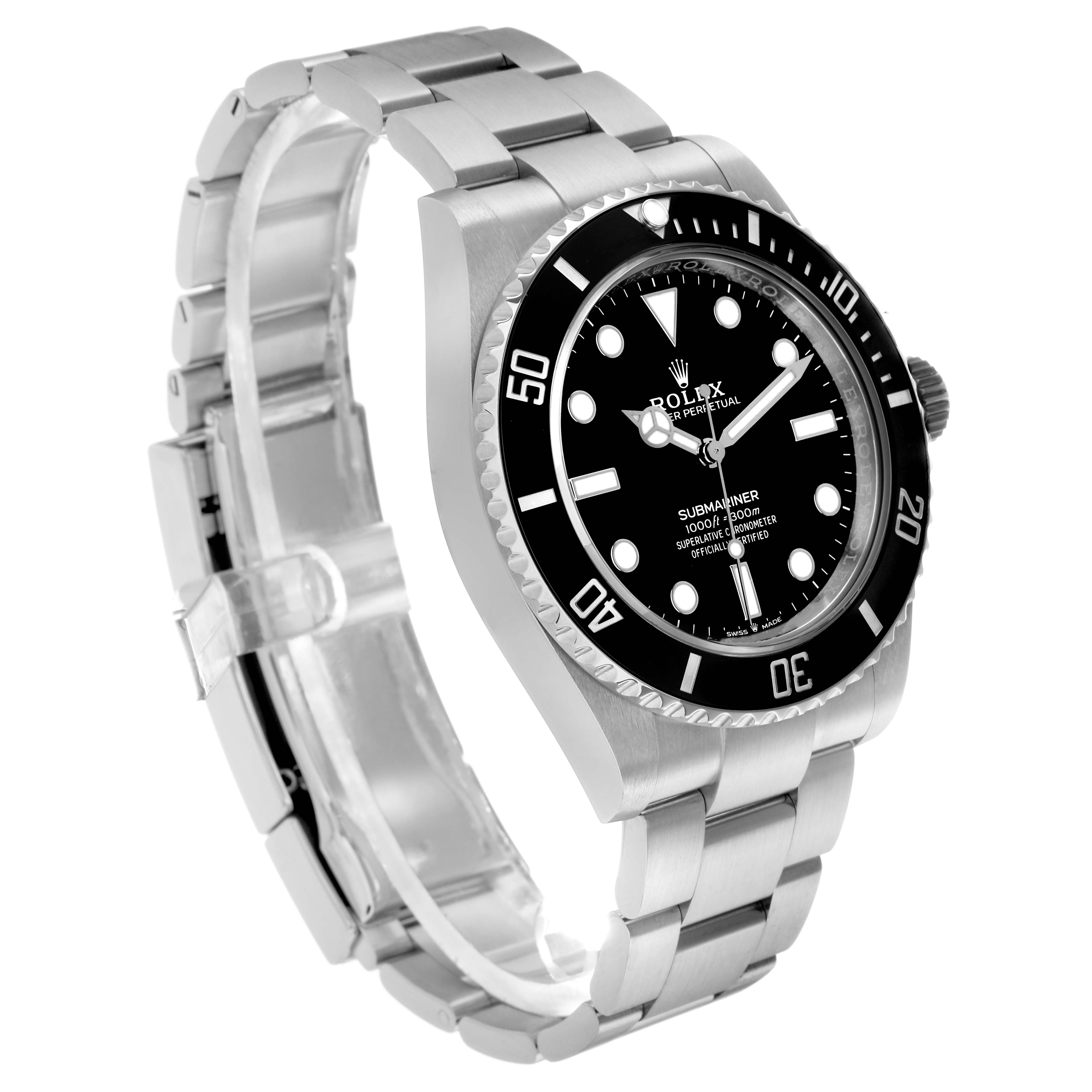 The Rolex Submariner 124060 Men's Stainless Steel Black Dial watch is shown at a slight angle, highlighting its face, bezel, and stainless steel bracelet.