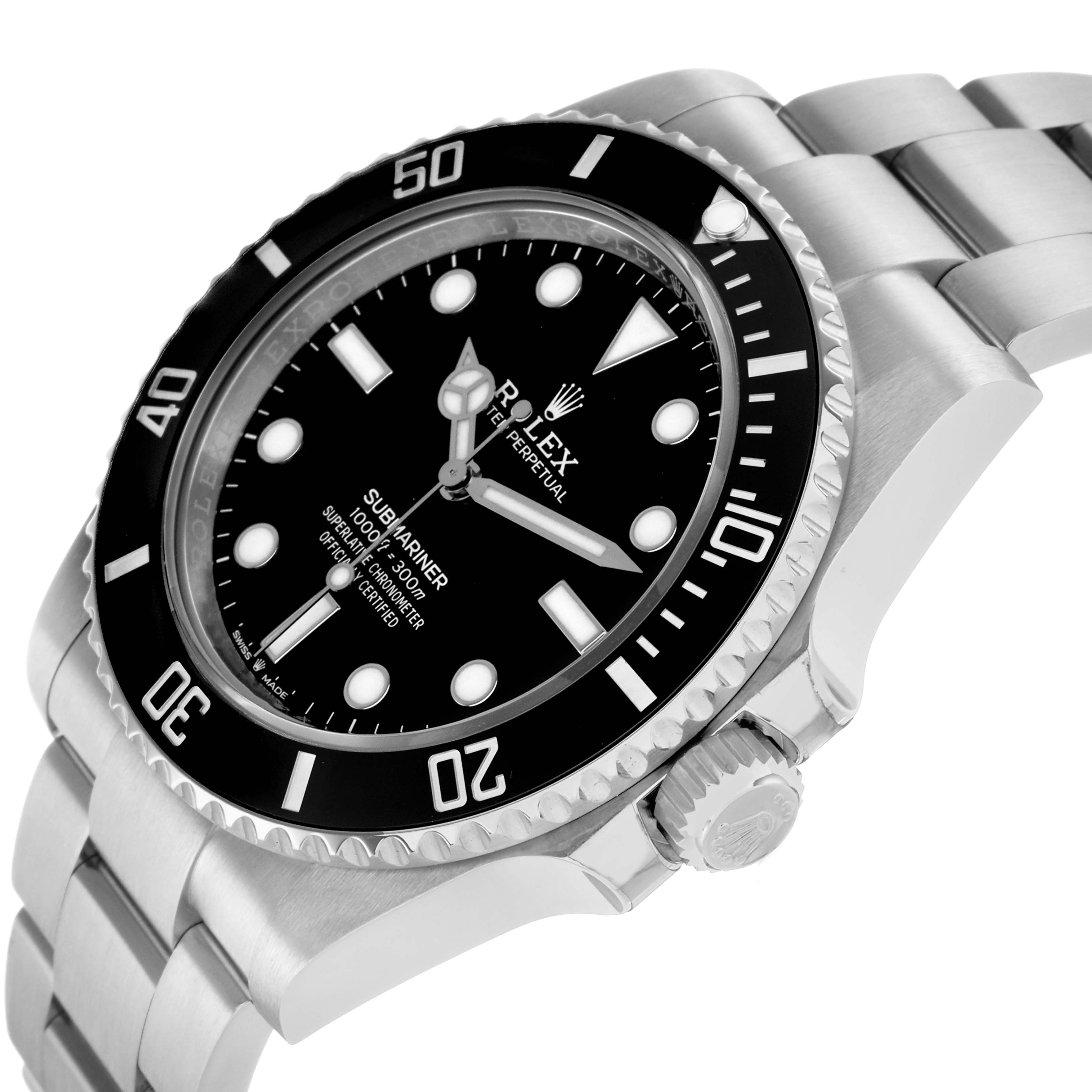 The Rolex Submariner 124060 Men's Stainless Steel Black Dial is shown at a slight angle, highlighting the bezel, dial, bracelet, and crown.