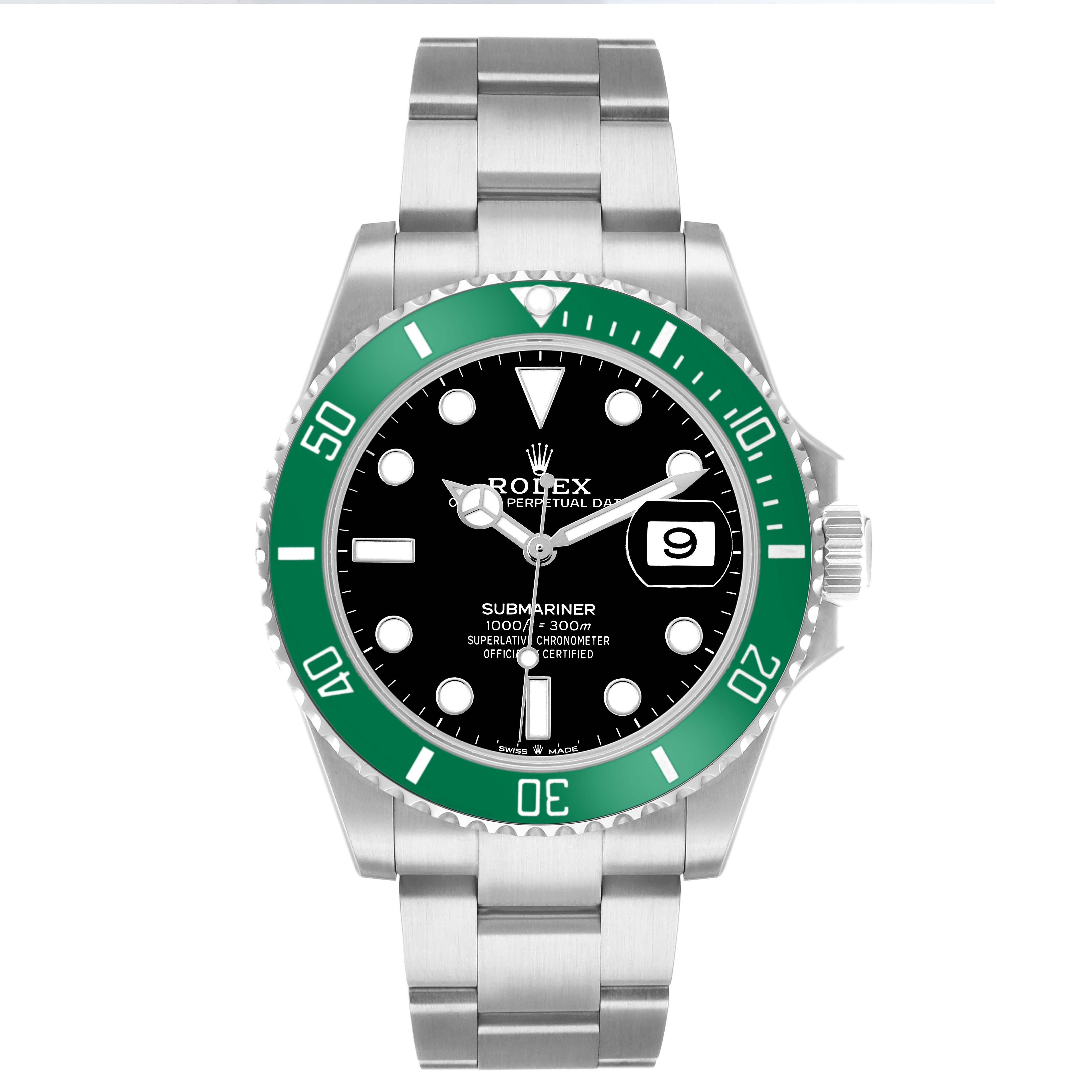 The Rolex Submariner 126610LV Men's Stainless Steel Black Dial watch is shown from a front view, highlighting its green bezel, black dial, and stainless steel bracelet.