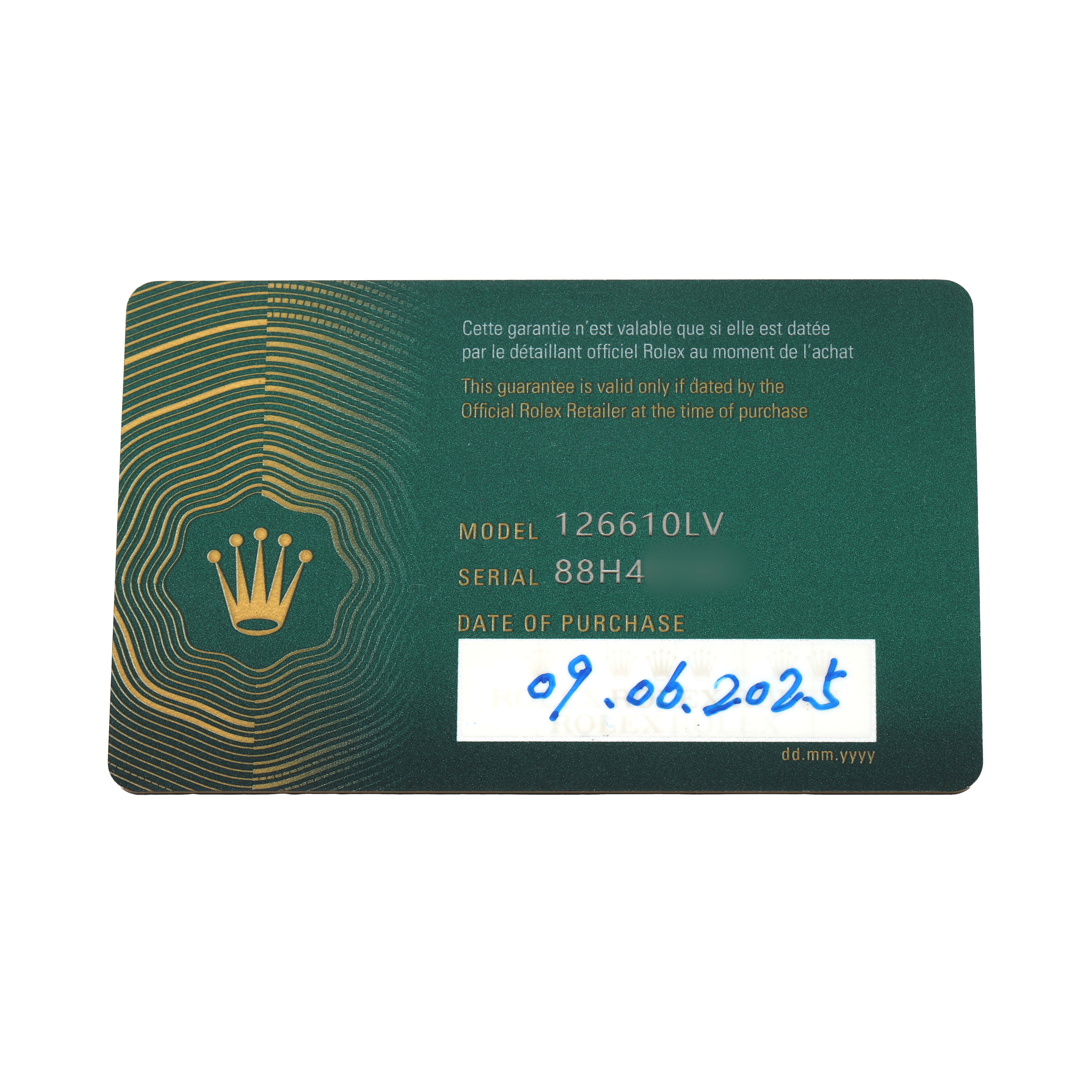 The image shows a warranty card for the Rolex Submariner 126610LV Men's Stainless Steel Black Dial model 126610LV with purchase details.