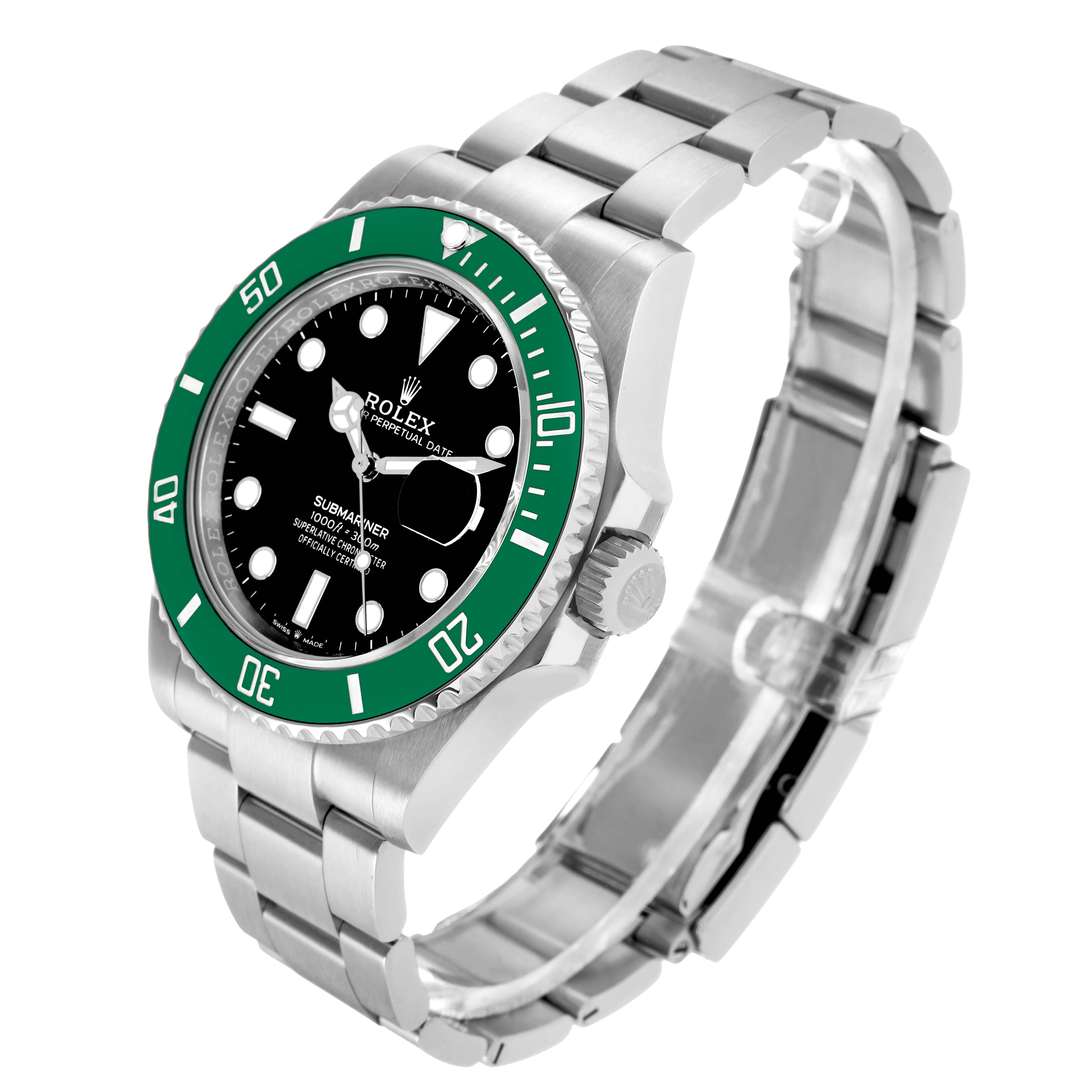 The Rolex Submariner 126610LV Men's Stainless Steel Black Dial watch is shown at an angle highlighting the face, bezel, crown, and bracelet.