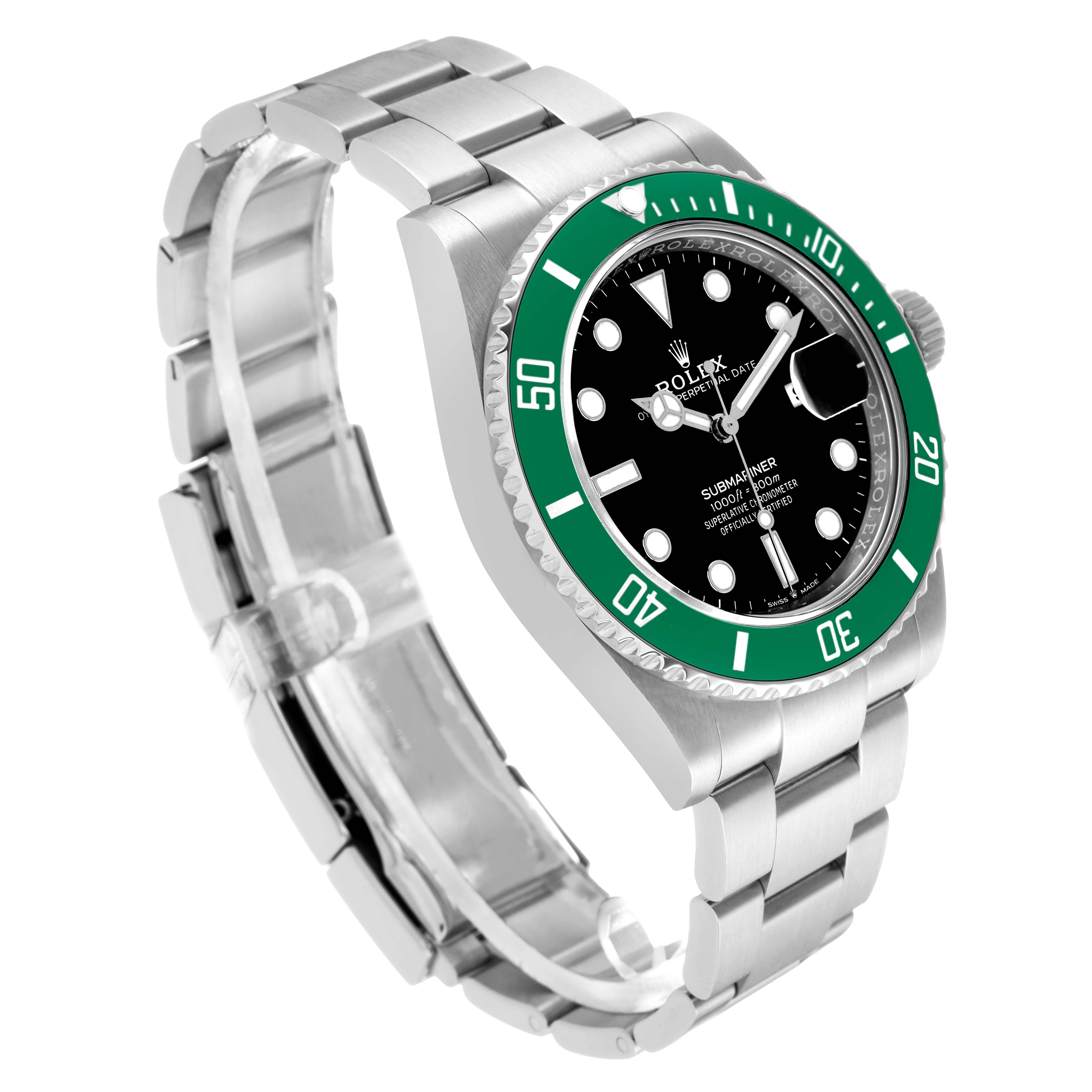 The Rolex Submariner 126610LV Men's Stainless Steel Black Dial watch is shown at a three-quarter angle, featuring a green bezel, black dial, and stainless steel bracelet.