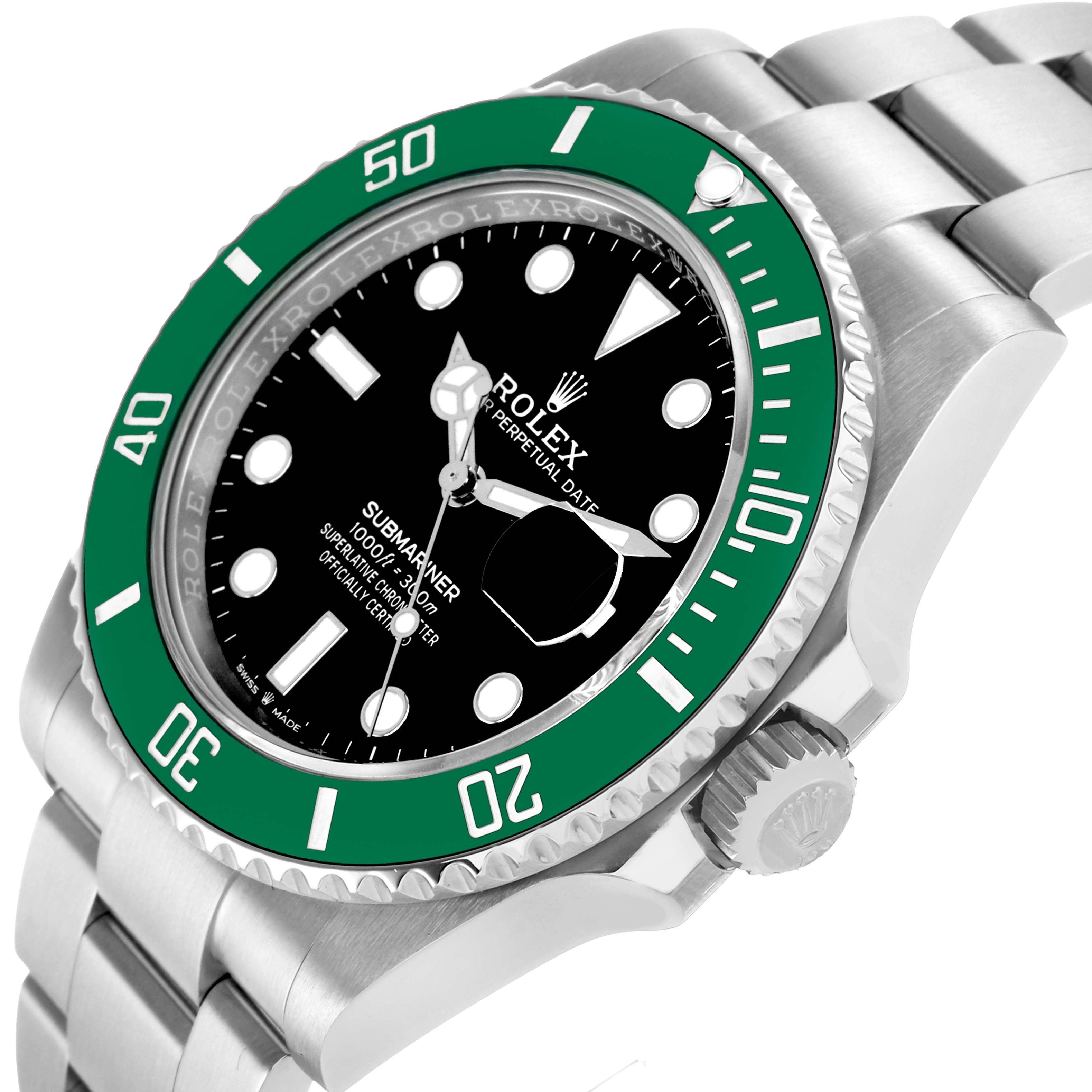 The Rolex Submariner 126610LV Men's Stainless Steel Black Dial watch is shown at an angled view, highlighting the green bezel, crown, and stainless steel bracelet.