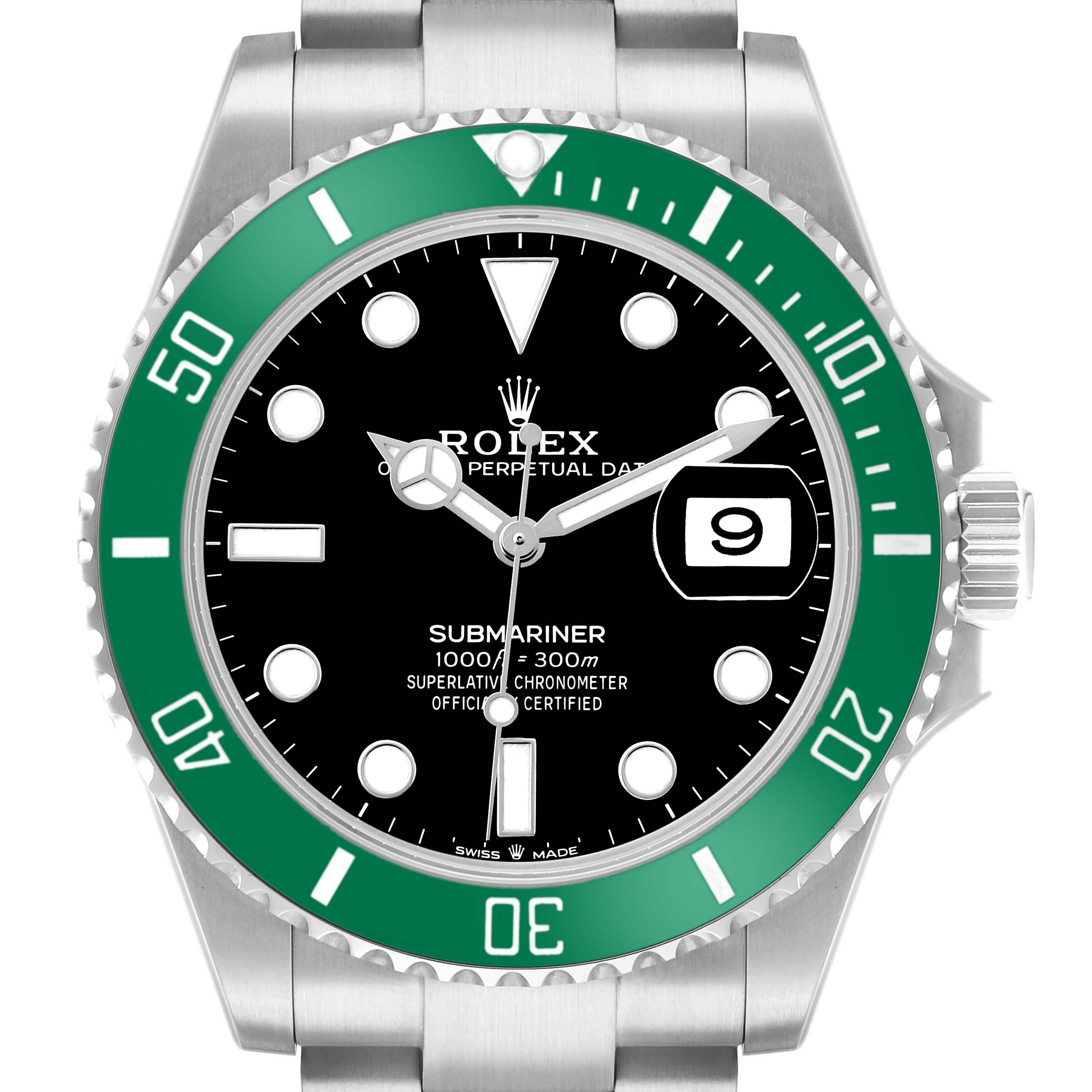The Rolex Submariner 126610LV Men's Stainless Steel Black Dial watch is shown from a top-down angle, highlighting its dial, bezel, and bracelet.