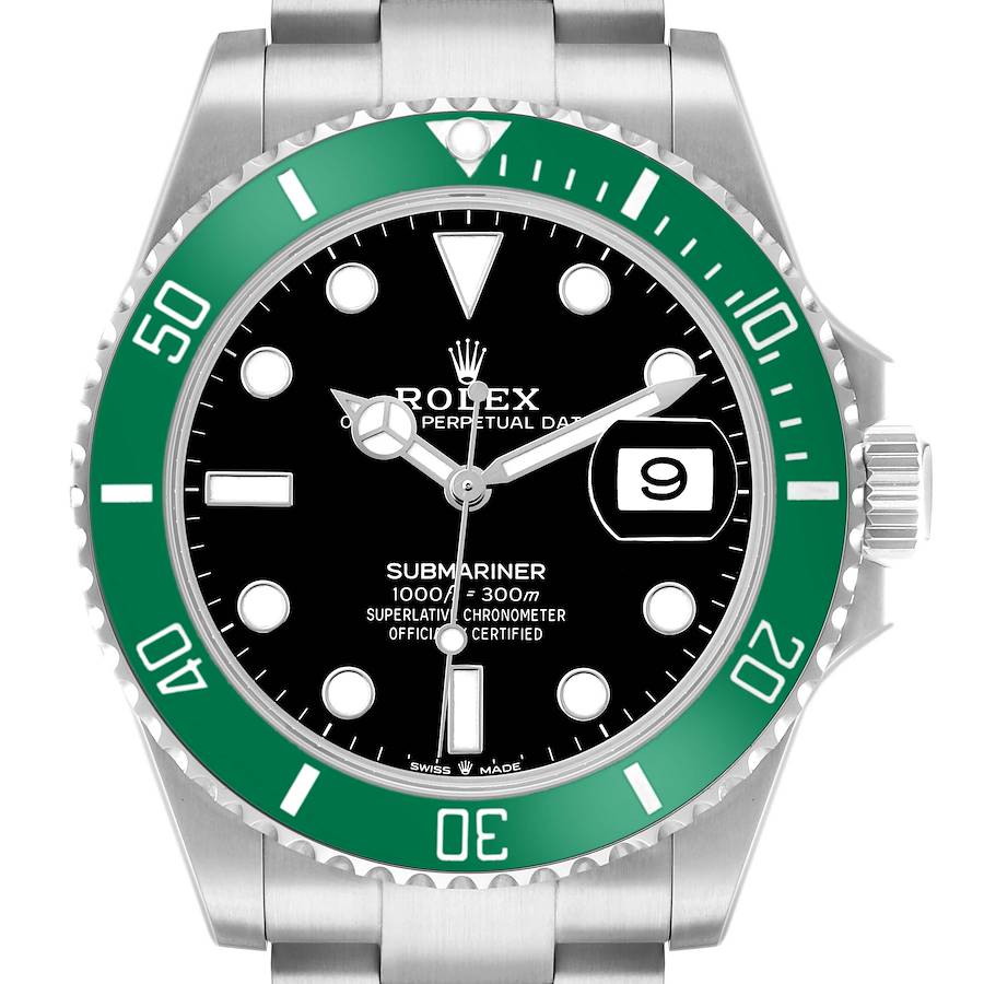 The Rolex Submariner 126610LV Men's Stainless Steel Black Dial watch is shown from a top-down angle, highlighting its dial, bezel, and bracelet.