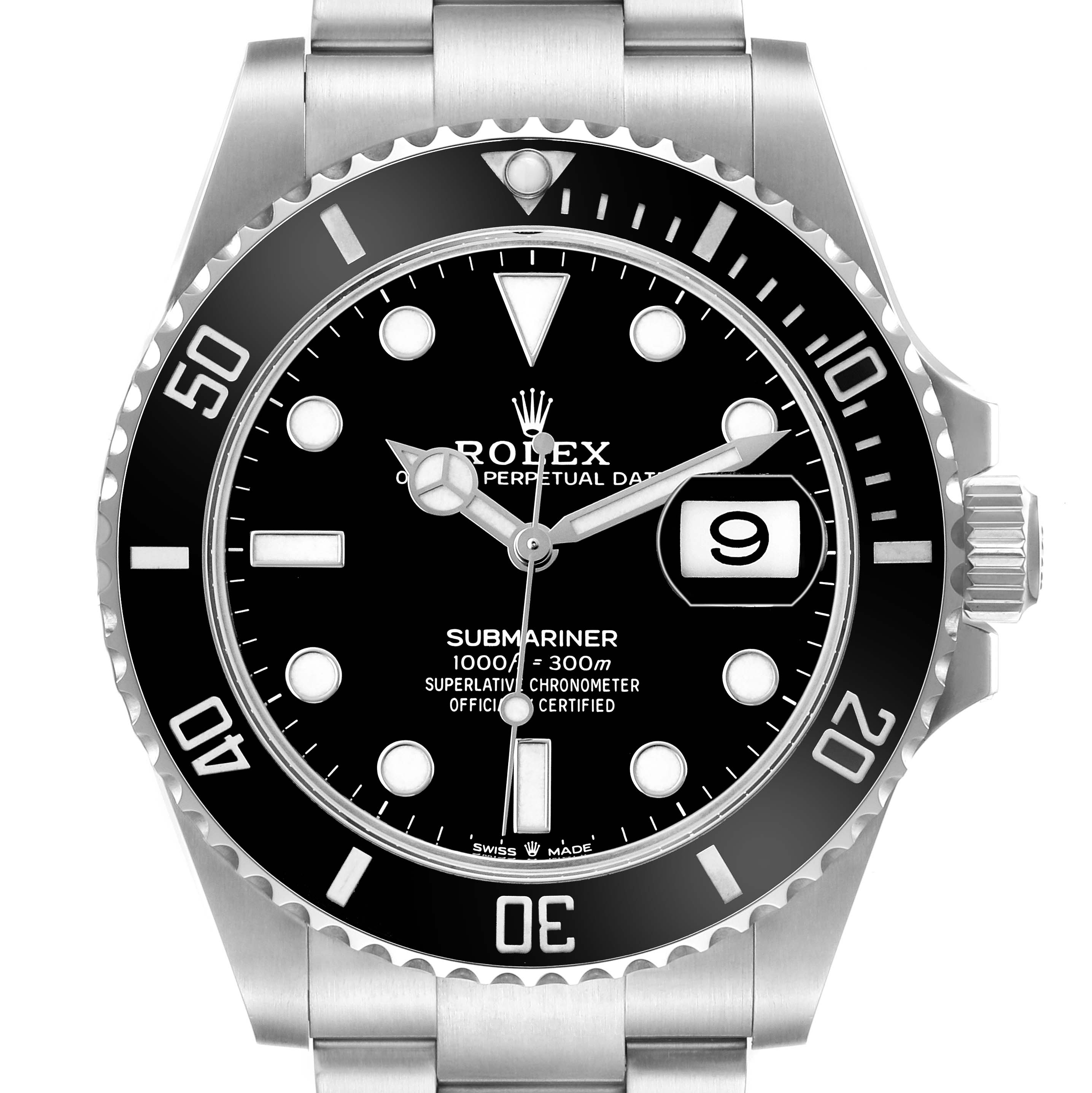 The Rolex Submariner 126610 Men's Stainless Steel Black Dial watch is shown from a front view, highlighting the dial, bezel, and part of the bracelet.