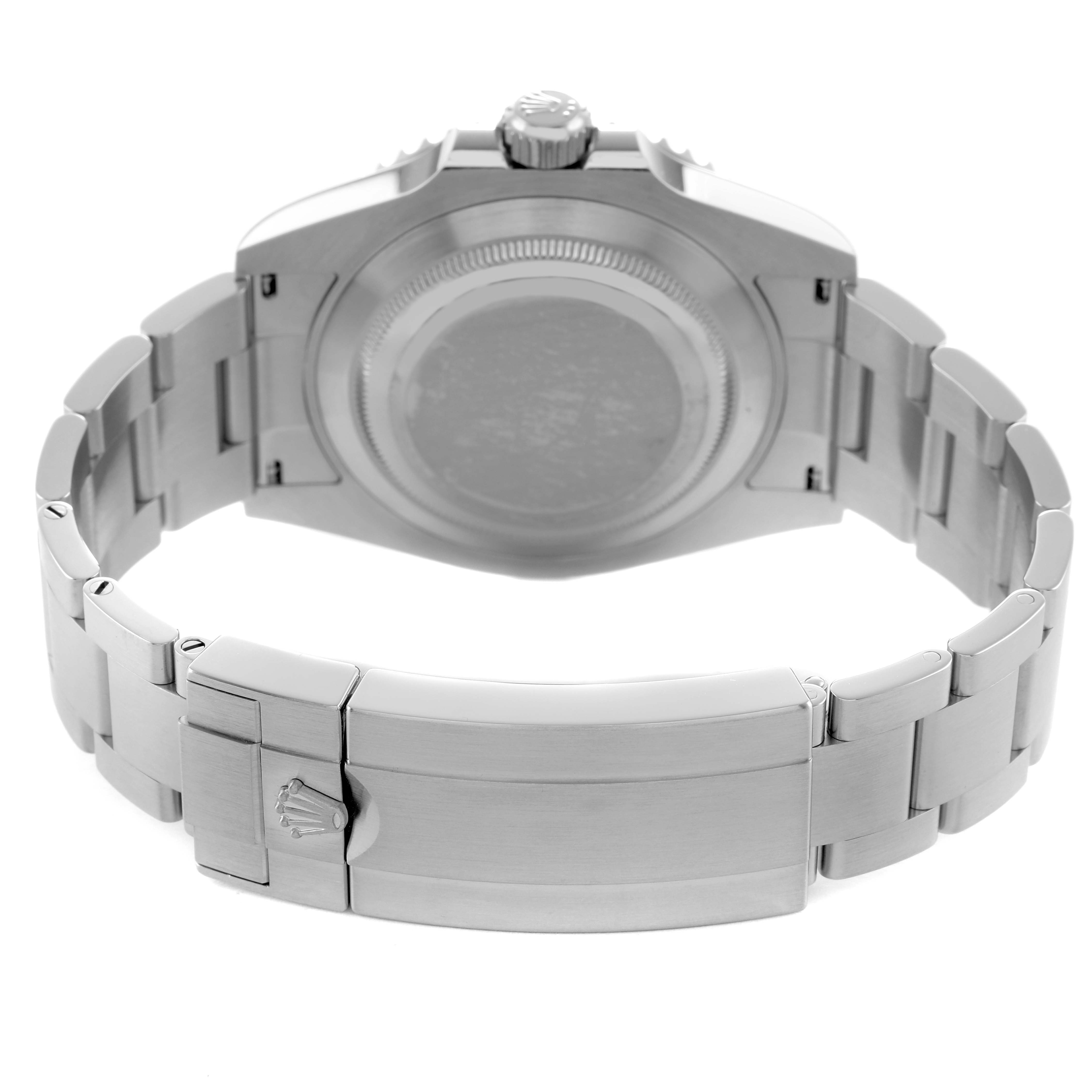 The image shows the back view of a Rolex Submariner 126610 Men's Stainless Steel Black Dial, highlighting the case back and the bracelet clasp.