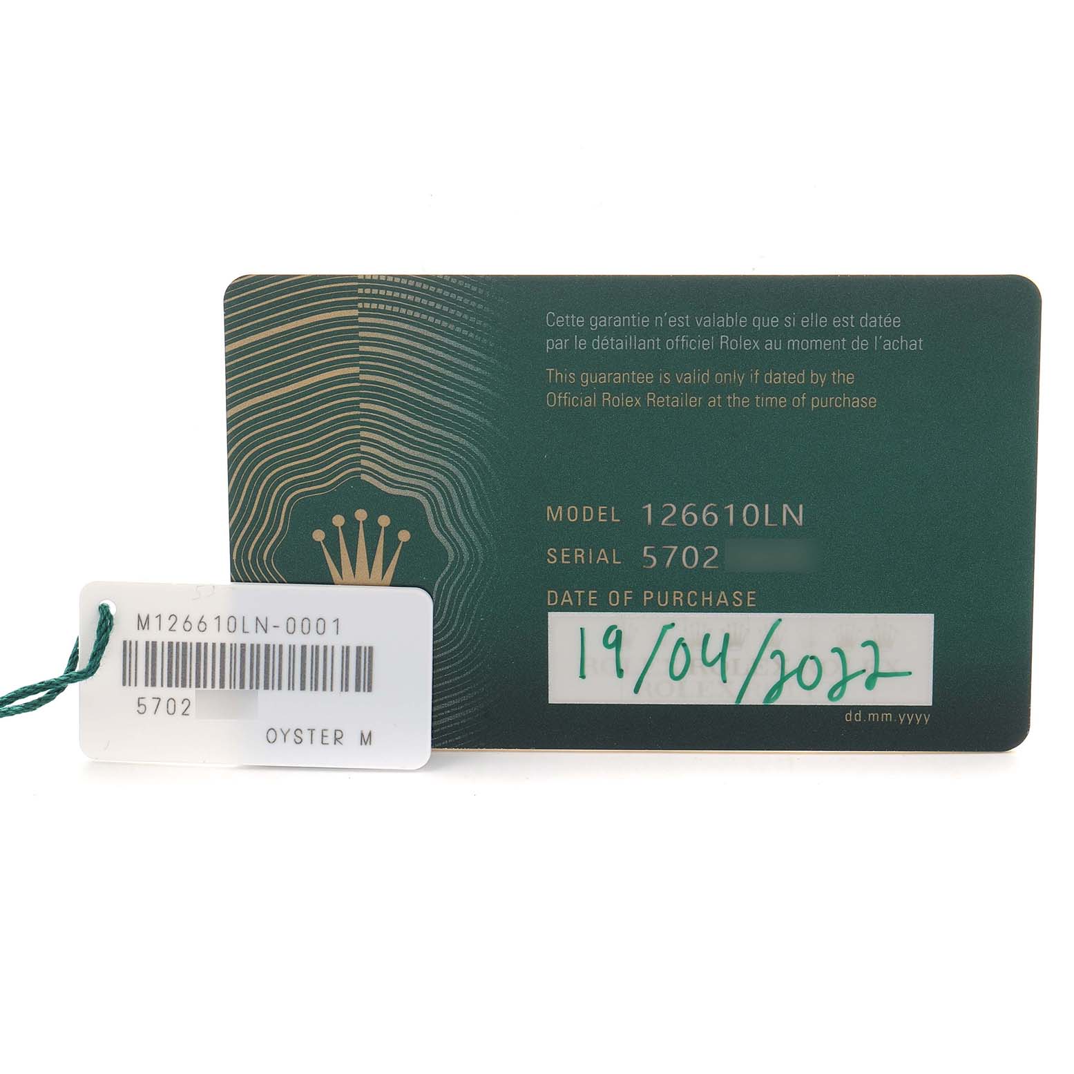 The image shows the warranty card and tag for a Rolex Submariner 126610 Men's Stainless Steel Black Dial model 126610LN.