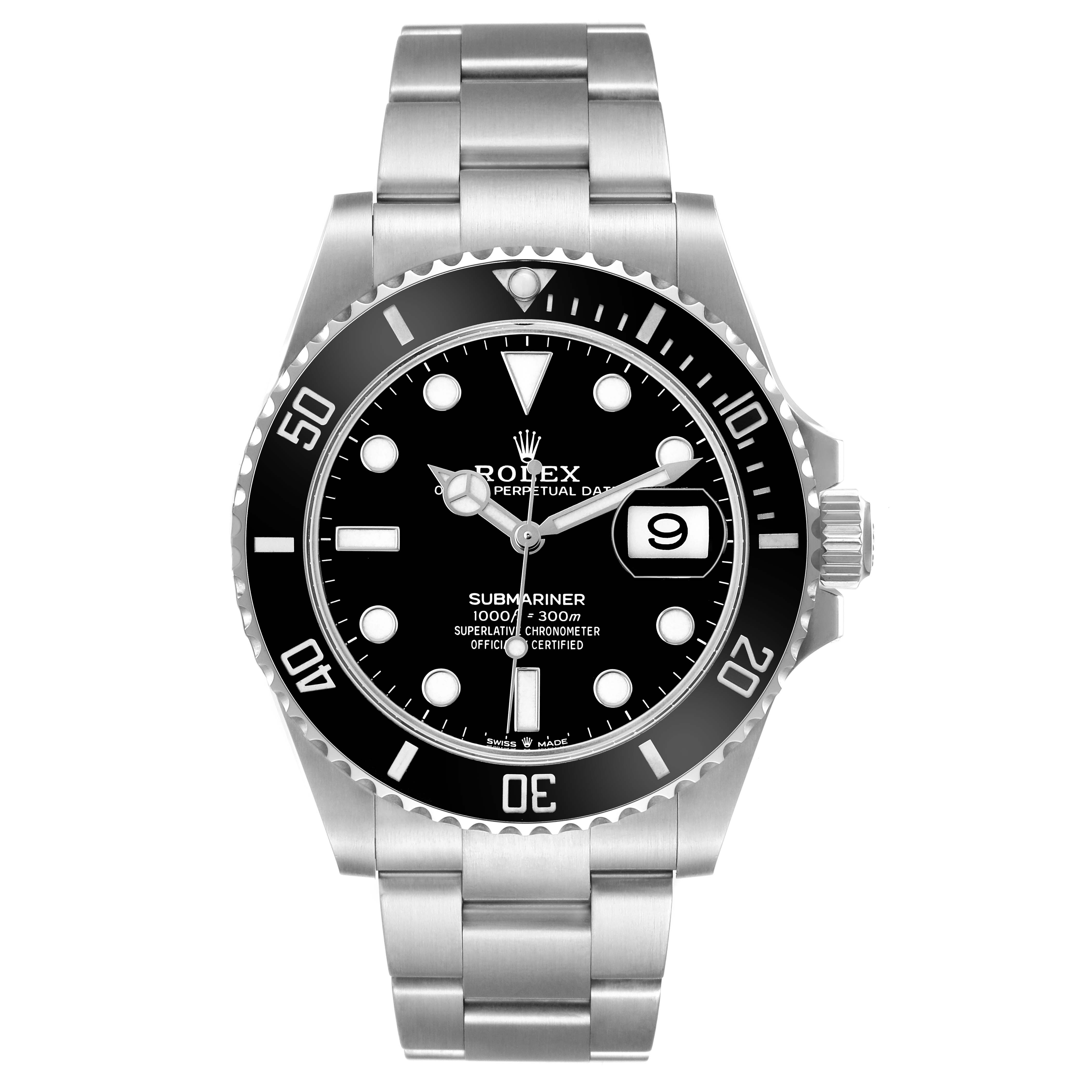The Rolex Submariner 126610 Men's Stainless Steel Black Dial watch is shown from a front angle, displaying its dial, bezel, and bracelet.