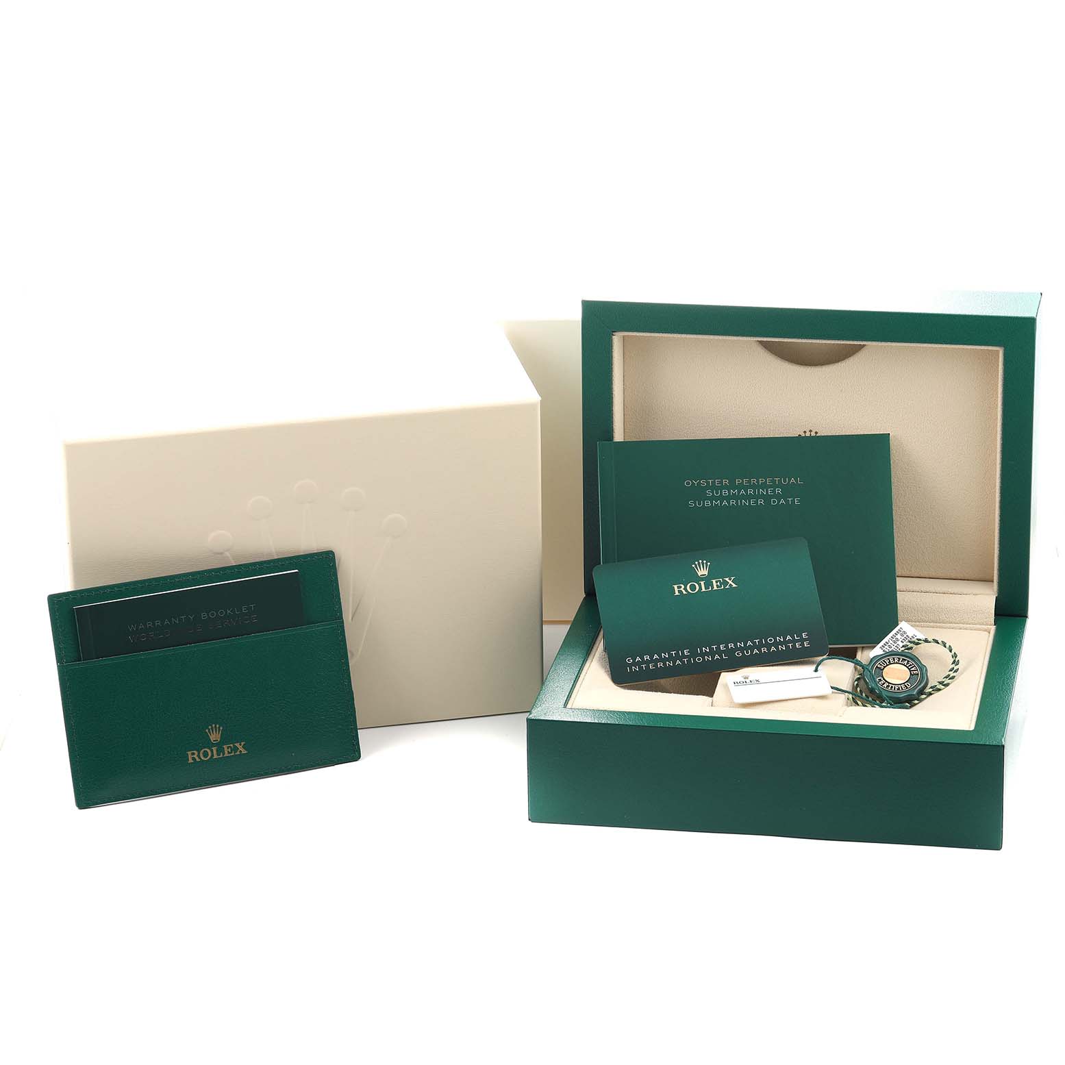 The image shows a Rolex Submariner 126610 Men's Stainless Steel Black Dial model watch, its open box, warranty card, and product booklets from a front angle.