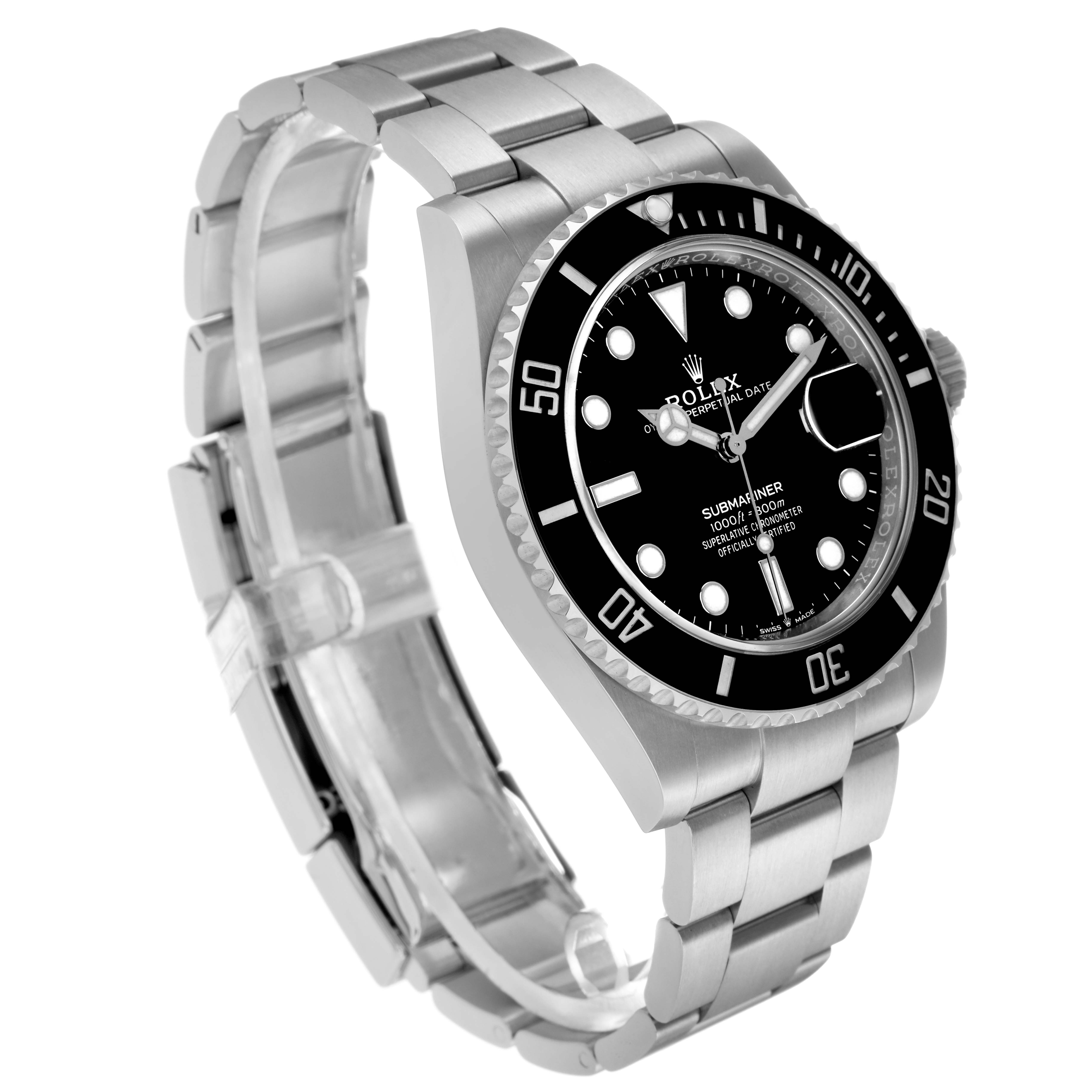 The Rolex Submariner 126610 Men's Stainless Steel Black Dial is shown at a slight angle, displaying the face, bezel, and full bracelet clearly.