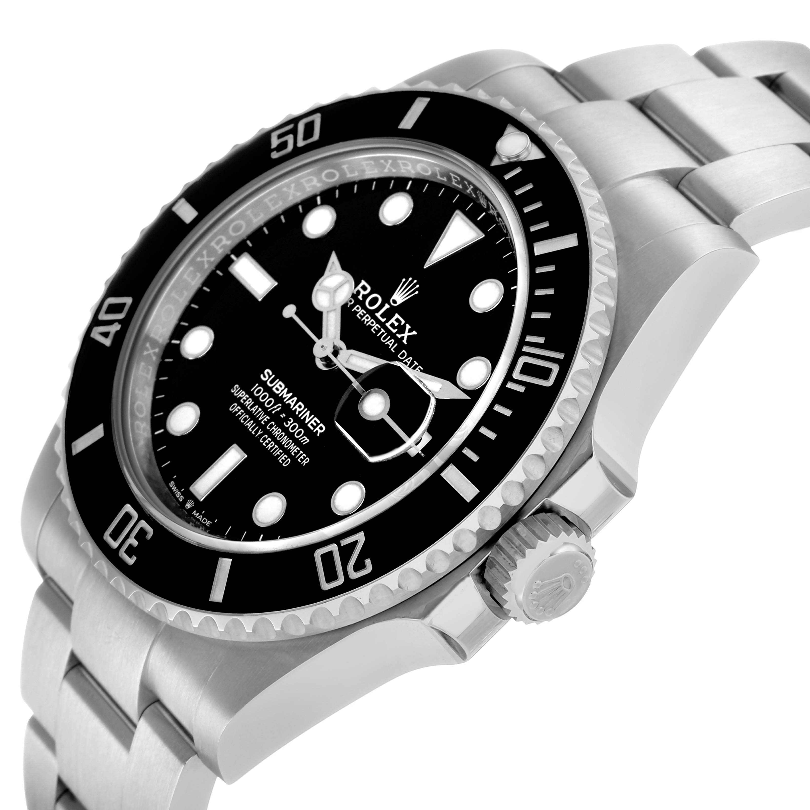 The image shows a Rolex Submariner 126610 Men's Stainless Steel Black Dial at a side angle, highlighting the bezel, crown, and part of the bracelet.