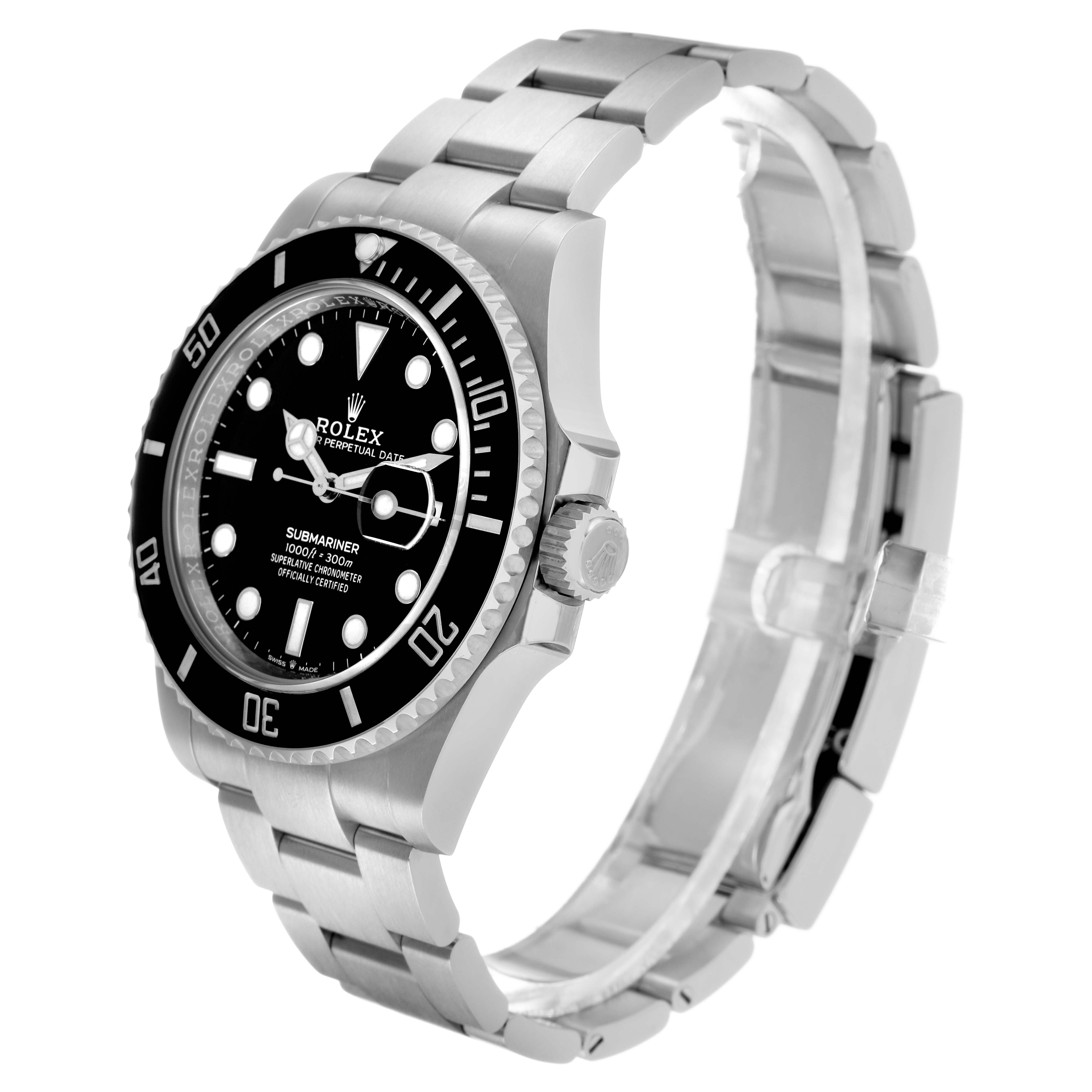 The Rolex Submariner 126610 Men's Stainless Steel Black Dial watch is shown at a slight angle, highlighting the bezel, face, crown, and part of the bracelet.
