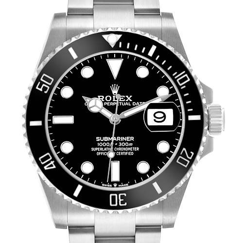 The Rolex Submariner 126610 Men's Stainless Steel Black Dial watch is shown from the front, highlighting the dial, bezel, case, crown, and part of the bracelet.