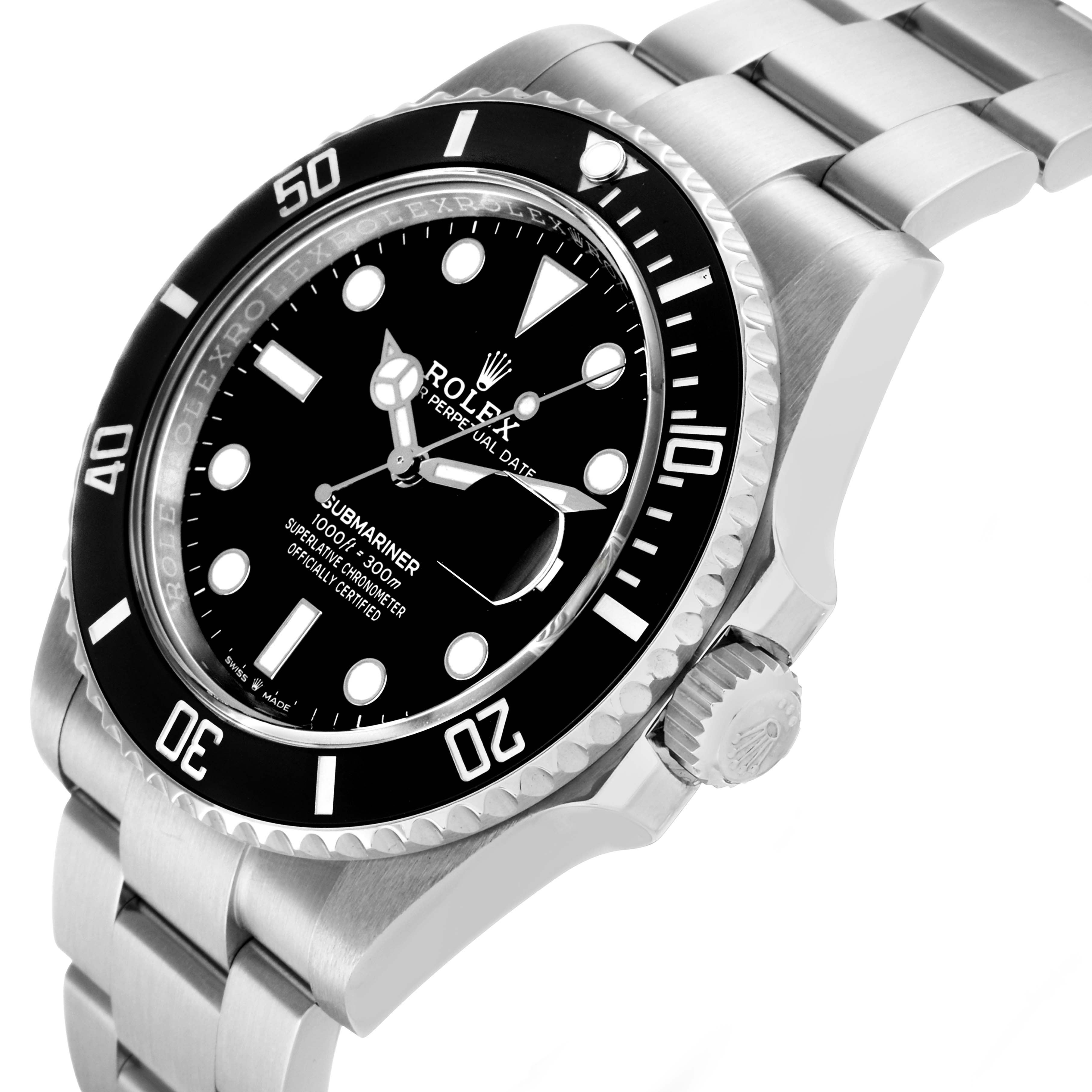 The Rolex Submariner 126610 Men's Stainless Steel Black Dial is shown at an angled view, displaying the dial, bezel, crown, and bracelet.