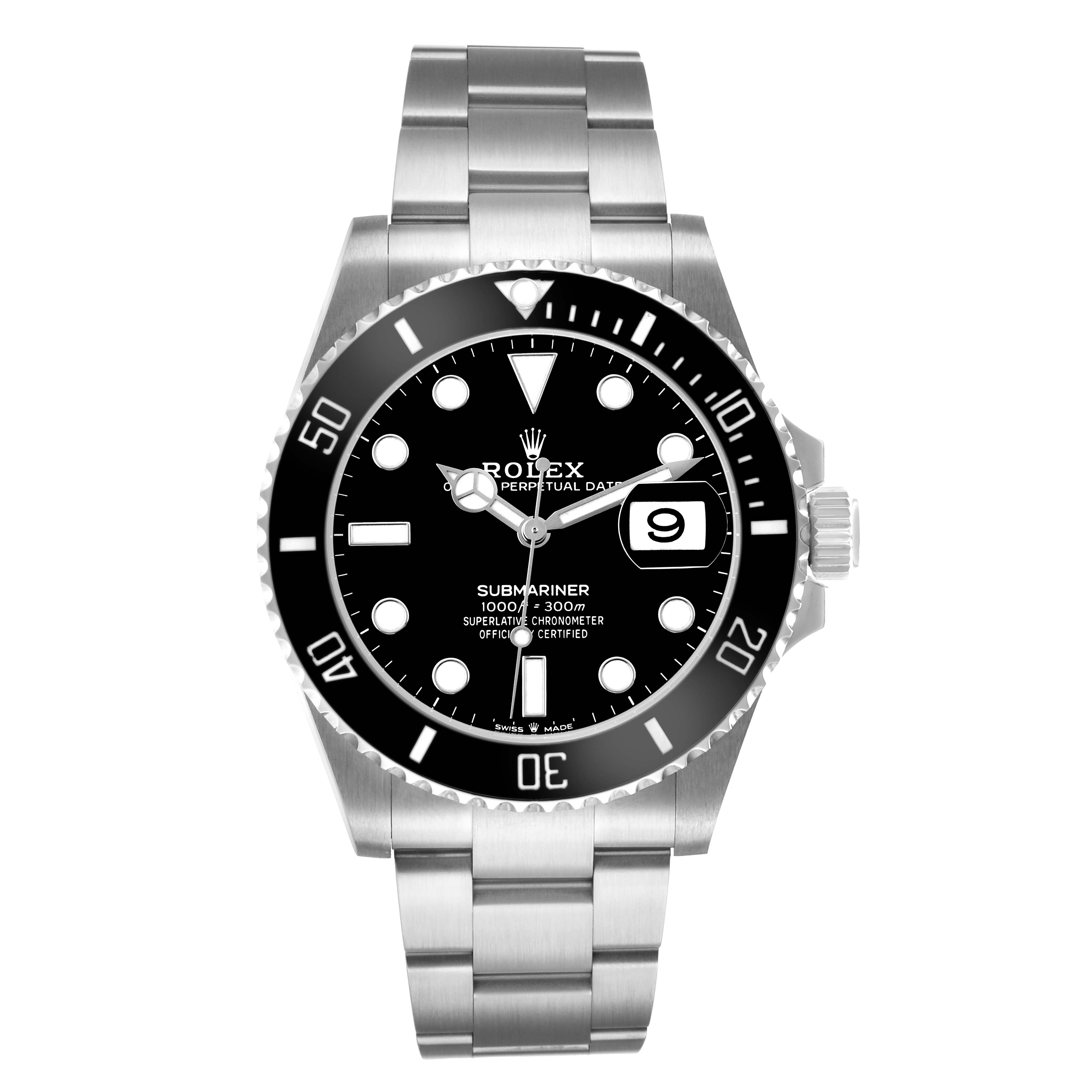 The Rolex Submariner 126610 Men's Stainless Steel Black Dial is shown from a frontal angle, displaying the bezel, dial, hands, date window, and bracelet.
