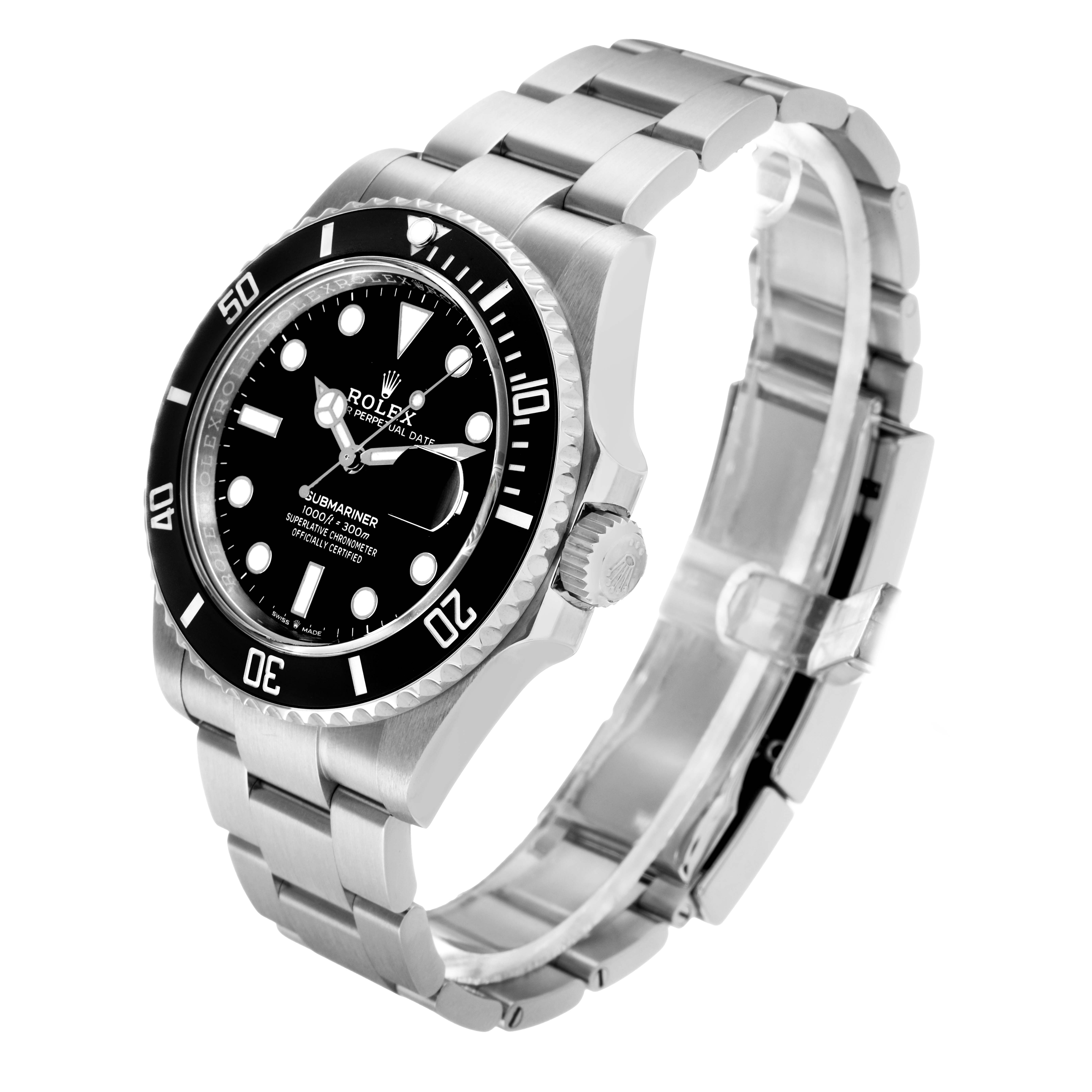 The Rolex Submariner 126610 Men's Stainless Steel Black Dial watch is shown at a three-quarter angle, displaying the dial, bezel, crown, and bracelet.