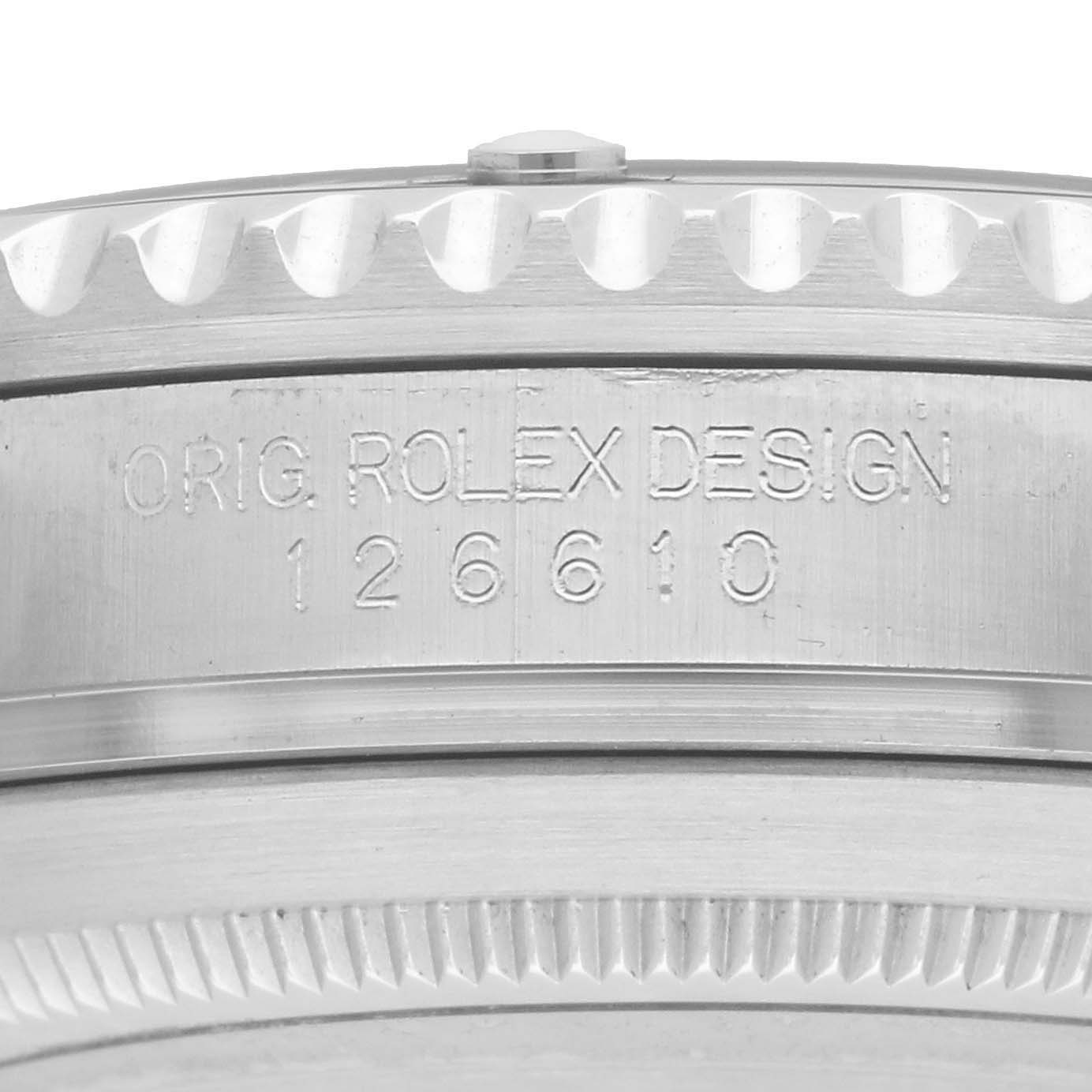 The image shows a close-up of the Rolex Submariner 126610 Men's Stainless Steel Black Dial's side, highlighting its engraved bezel and model number.