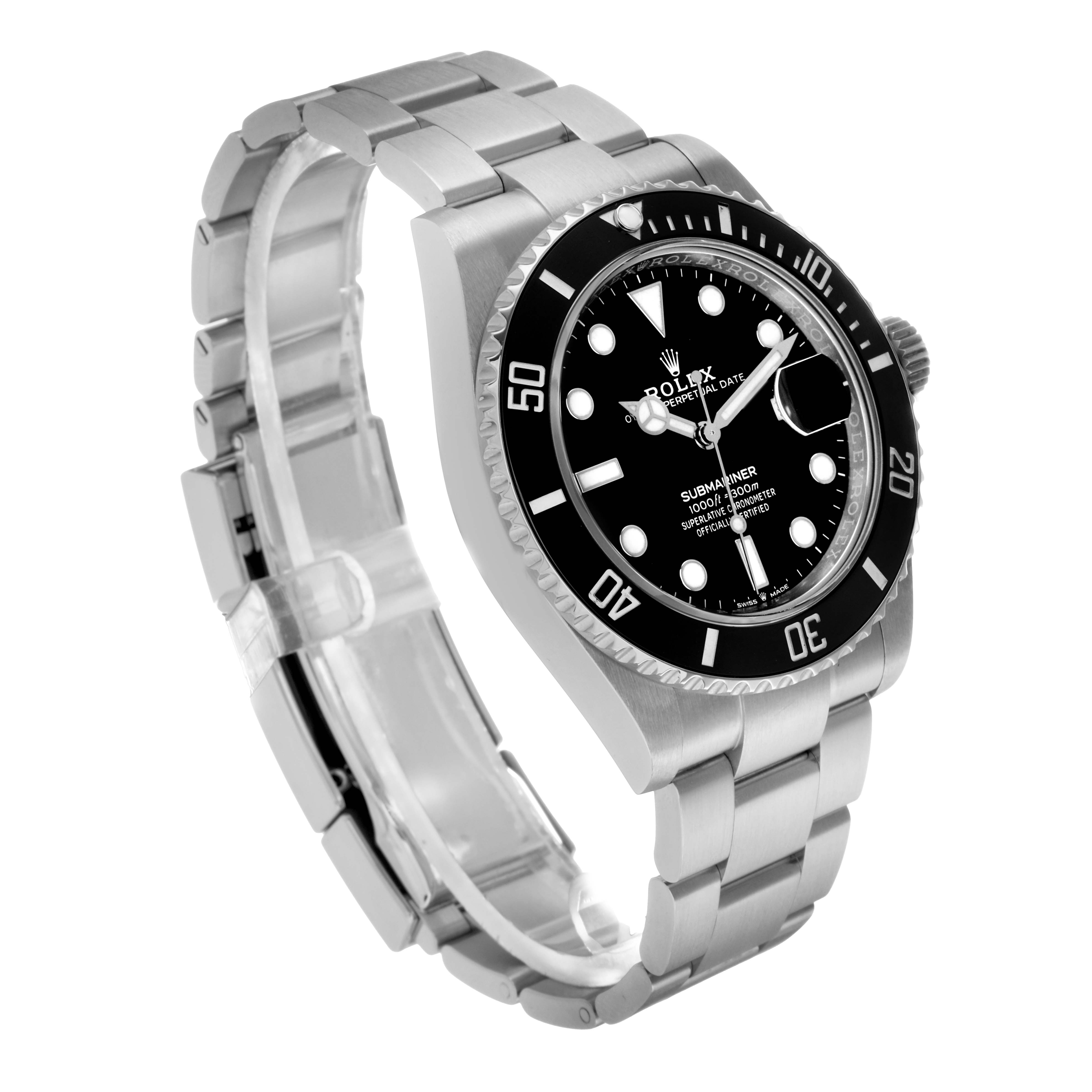 The Rolex Submariner 126610 Men's Stainless Steel Black Dial is shown at a three-quarter angle, highlighting the dial, bezel, and part of the bracelet.