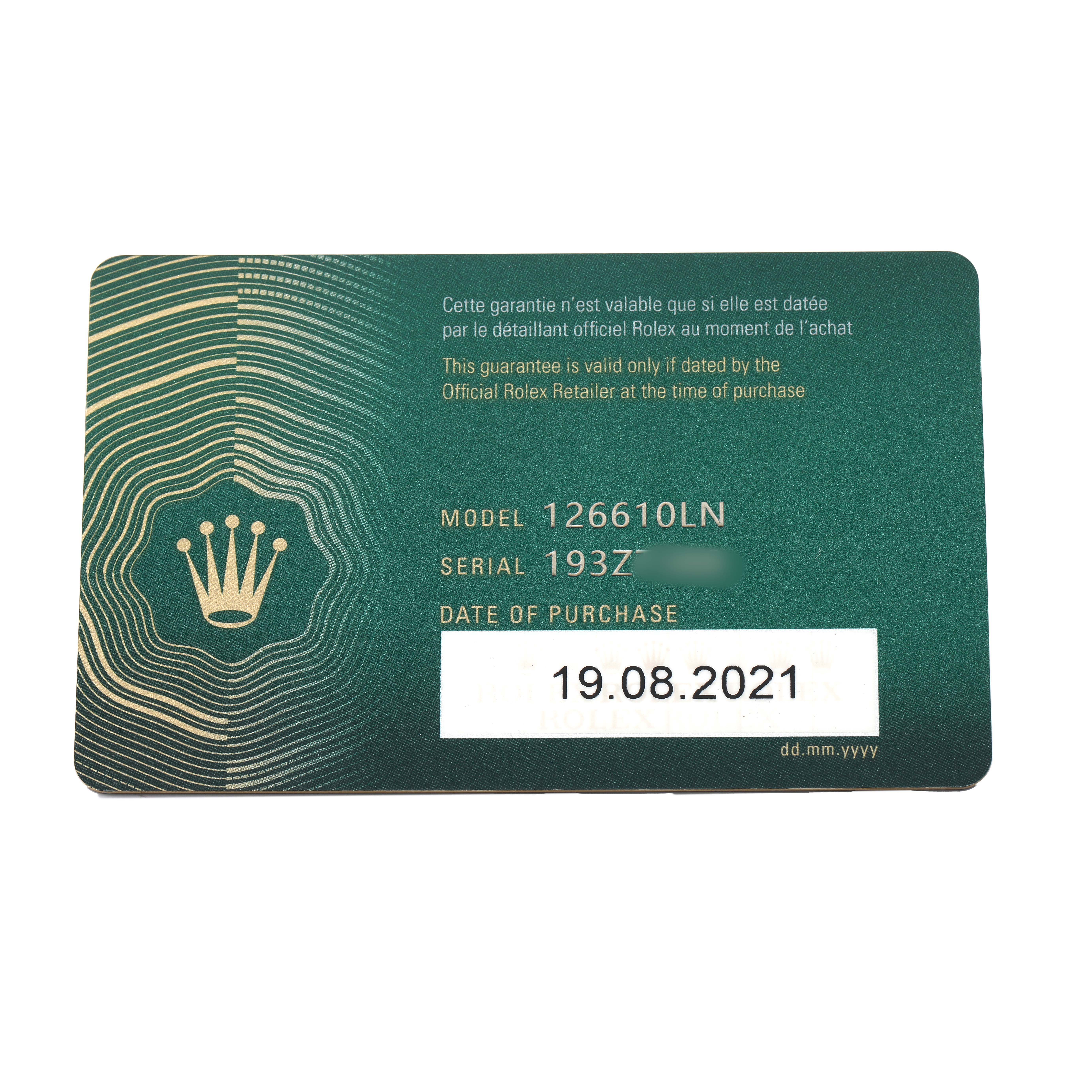 The image shows the warranty card for a Rolex Submariner 126610 Men's Stainless Steel Black Dial, displaying model and serial numbers, and purchase date.