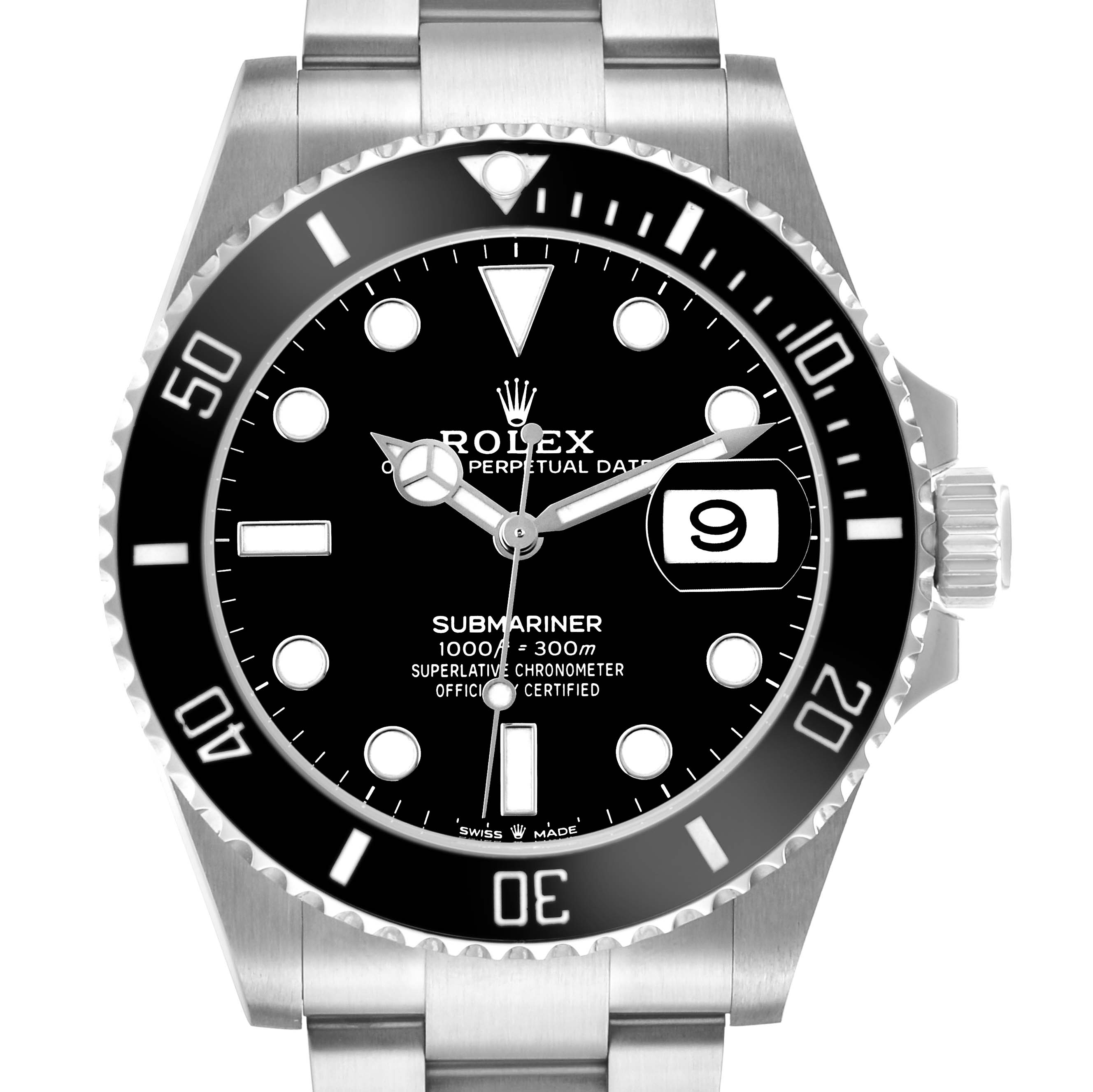 The image shows a front view of a Rolex Submariner 126610 Men's Stainless Steel Black Dial watch, highlighting the dial, bezel, and bracelet.