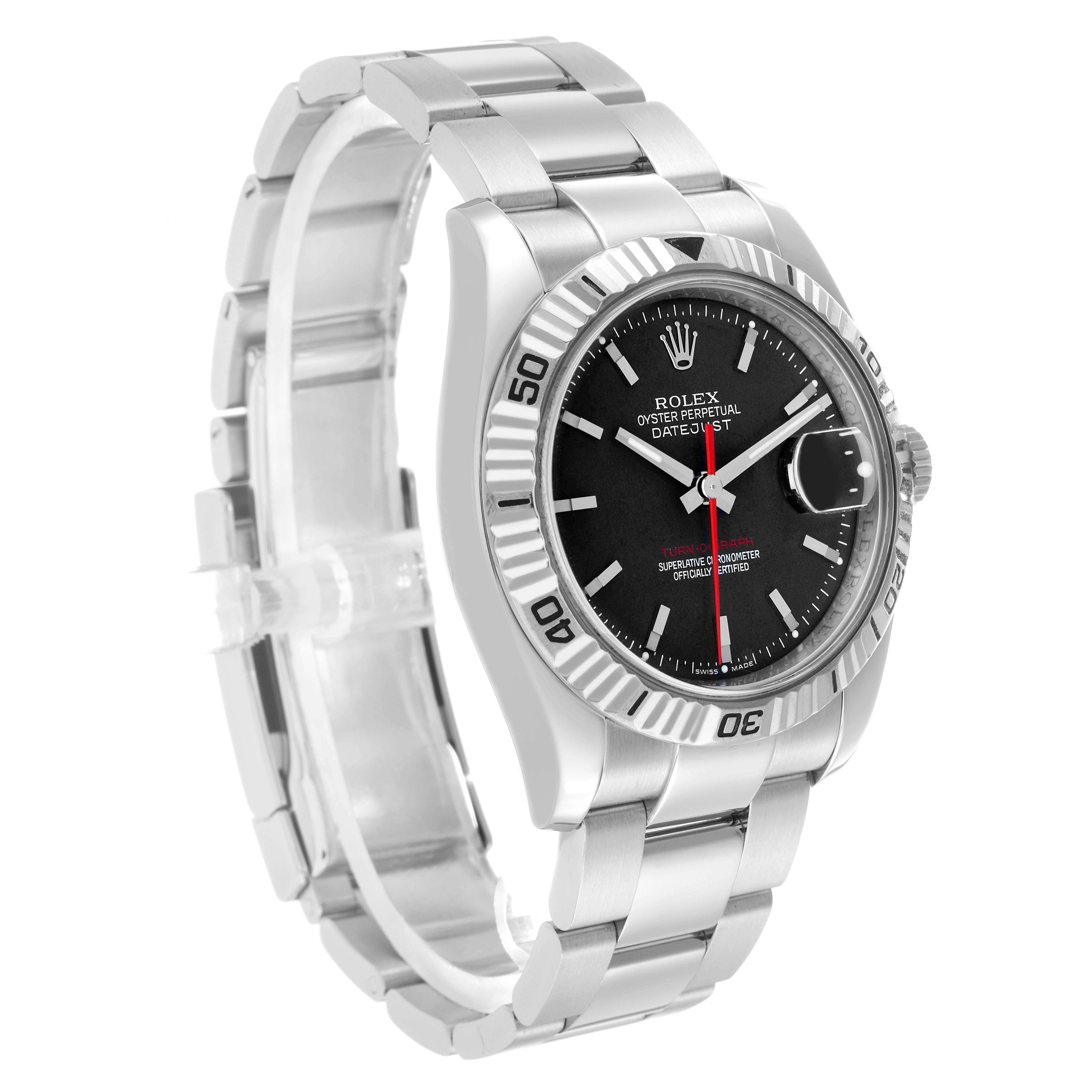The Rolex Turn-o-Graph 116264 Men's Stainless Steel Black Dial watch is shown at a three-quarter angle highlighting the bracelet, bezel, dial, and crown.